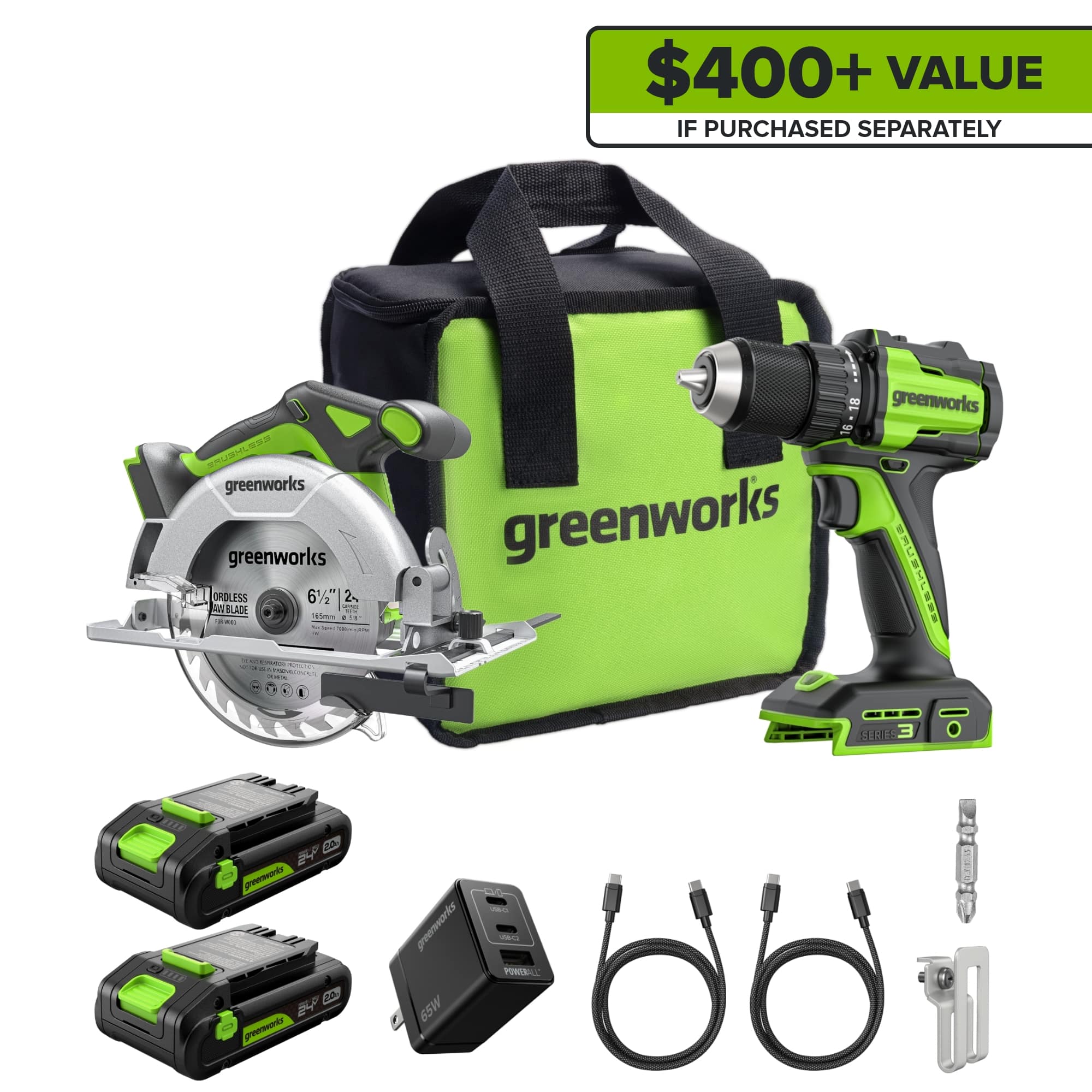 Greenworks - 24V Cordless Brushless 400 in-lbs Drill/Driver + 6.5" Circular Saw, with (2) 2.0Ah Batteries and Charger - Green