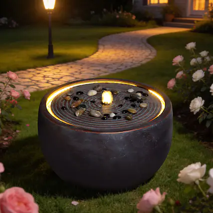 Front. Anysun - Modern Outdoor Water Fountain Bowl Style – Ripple Top Resin Water Feature for Patio, Yard, Garden, Landscape - Pink Purple.