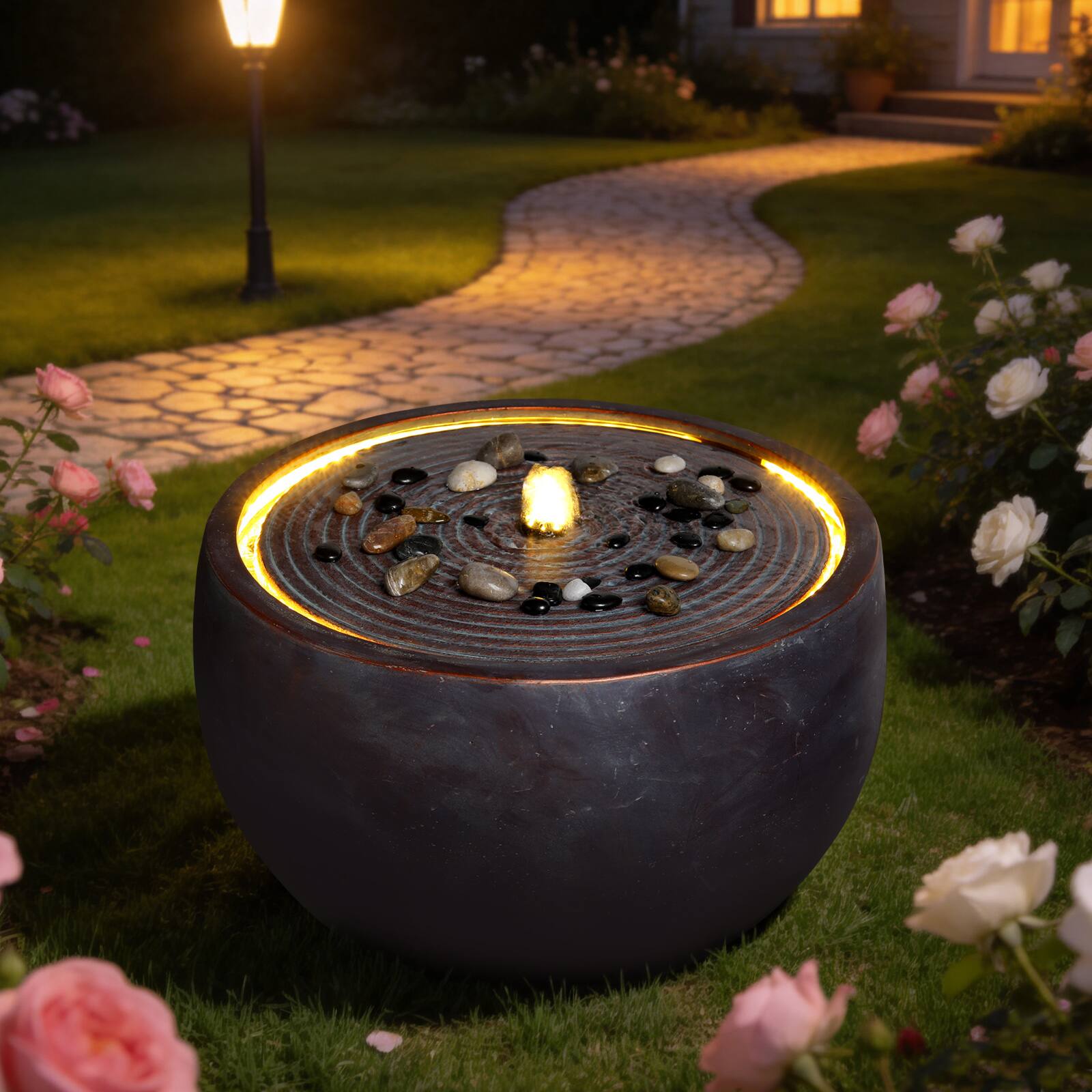 Front. Anysun - Modern Outdoor Water Fountain Bowl Style – Ripple Top Resin Water Feature for Patio, Yard, Garden, Landscape - Pink Purple.