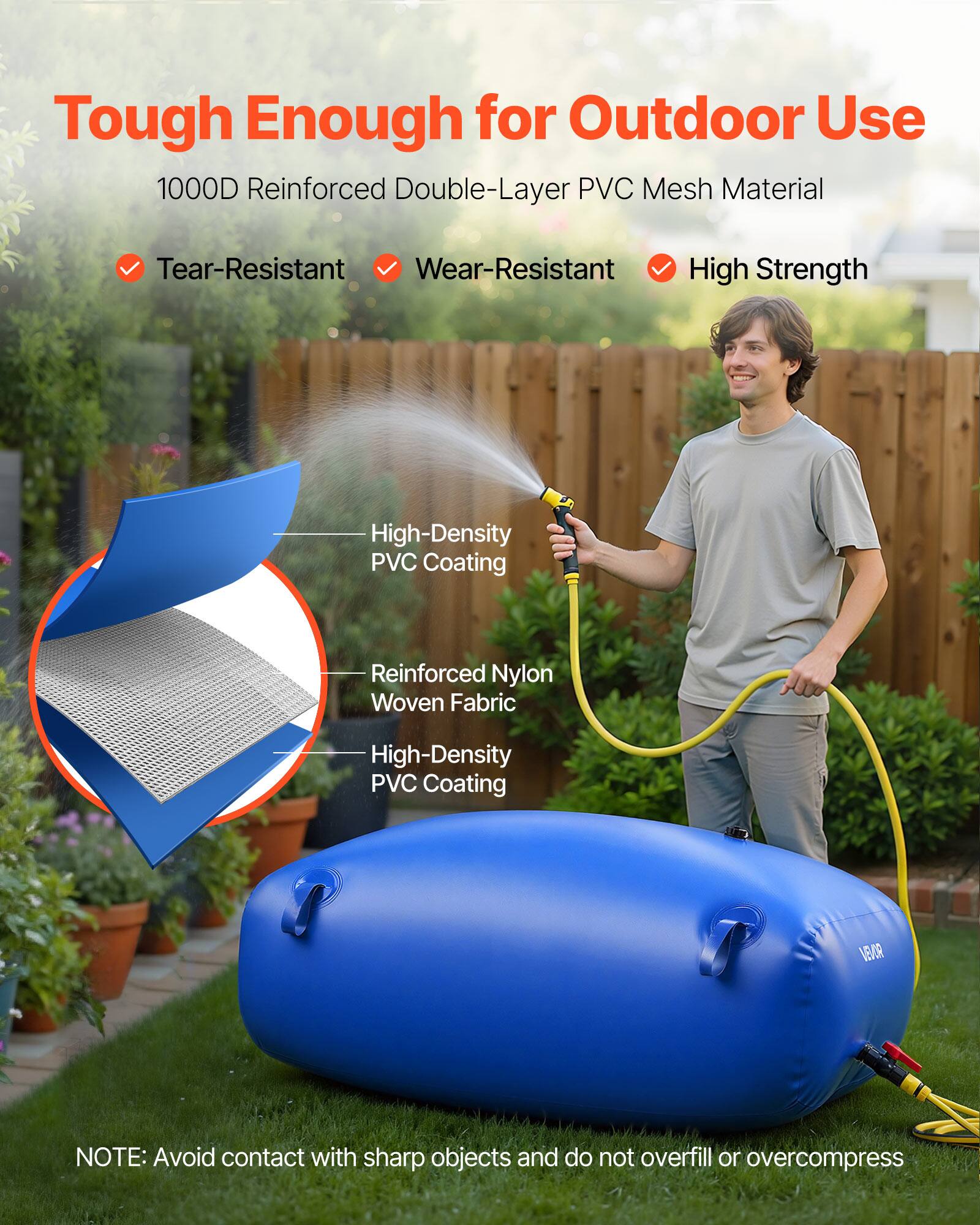 Tough Enough for Outdoor Use

1000D Reinforced Double-Layer PVC Mesh Material

- Tear-Resistant
- Wear-Resistant
- High Strength

High-Density PVC Coating
Reinforced Nylon Woven Fabric
High-Density PVC Coating

NOTE: Avoid contact with sharp objects and do not overfill or overcompress