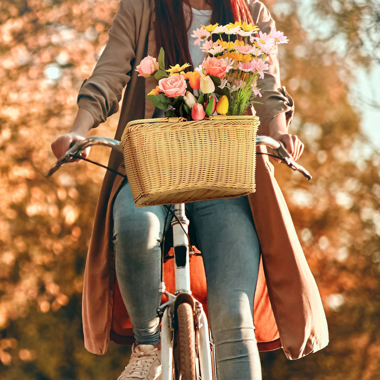 Alt View 3. Oumilen - Hand Woven Plastic Wicker Bike Basket with Leather Buckle Straps - Natural.