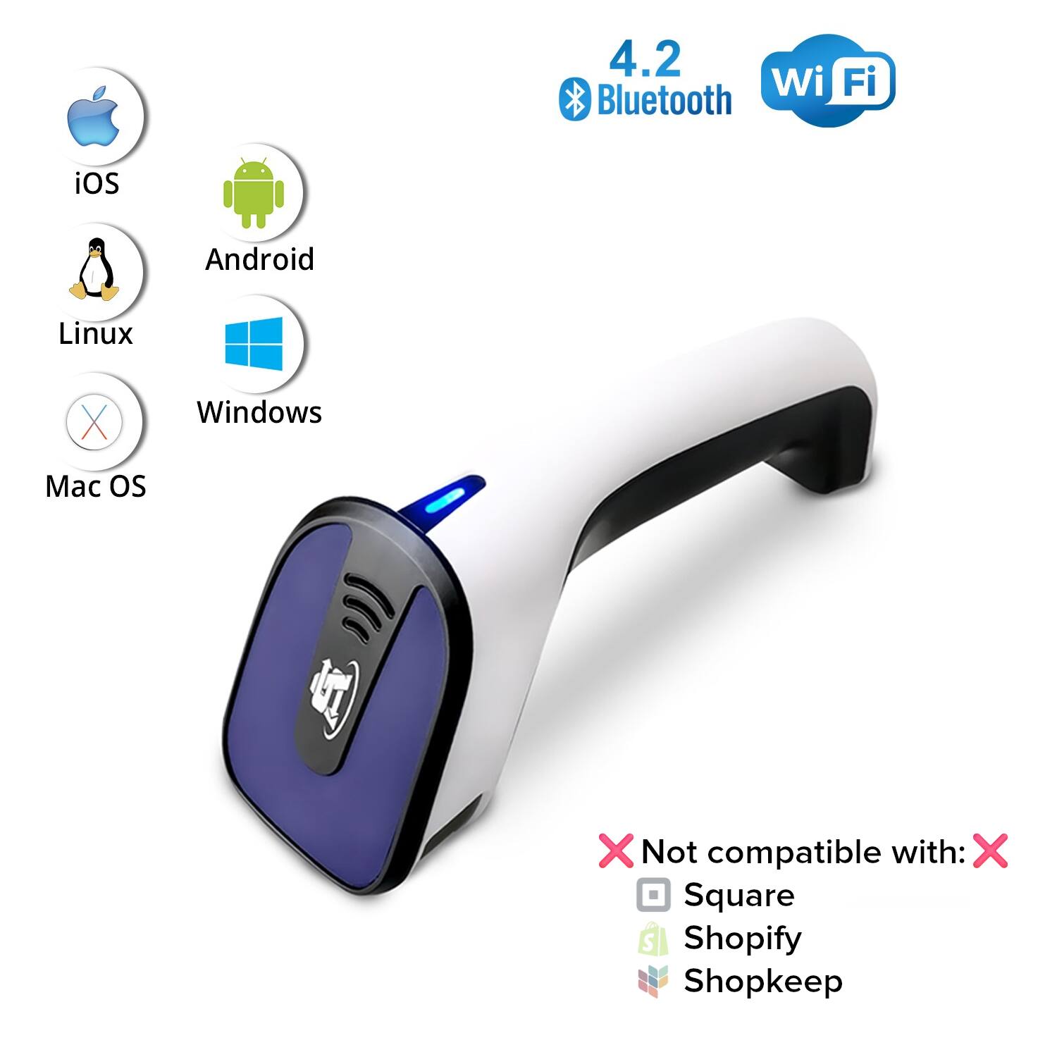 4.2 Bluetooth Wi-Fi

Compatible with:
- iOS
- Android
- Linux
- Windows

Not compatible with:
- Mac OS
- Square
- Shopify
- Shopkeep