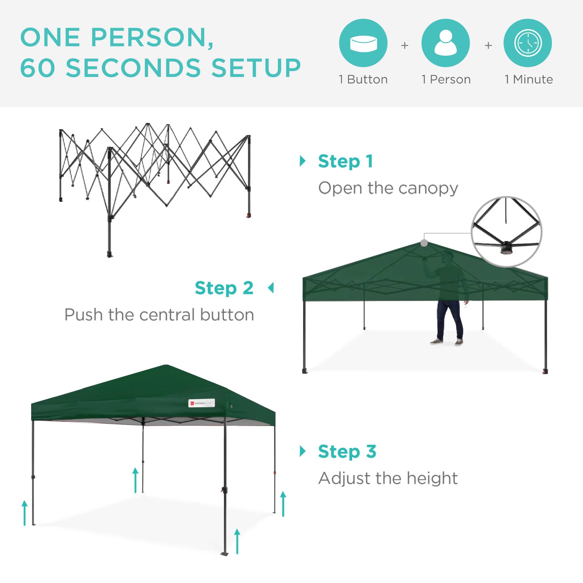 ONE PERSON, 60 SECONDS SETUP

1 Button + 1 Person + 1 Minute

Step 1
Open the canopy

Step 2
Push the central button

Step 3
Adjust the height