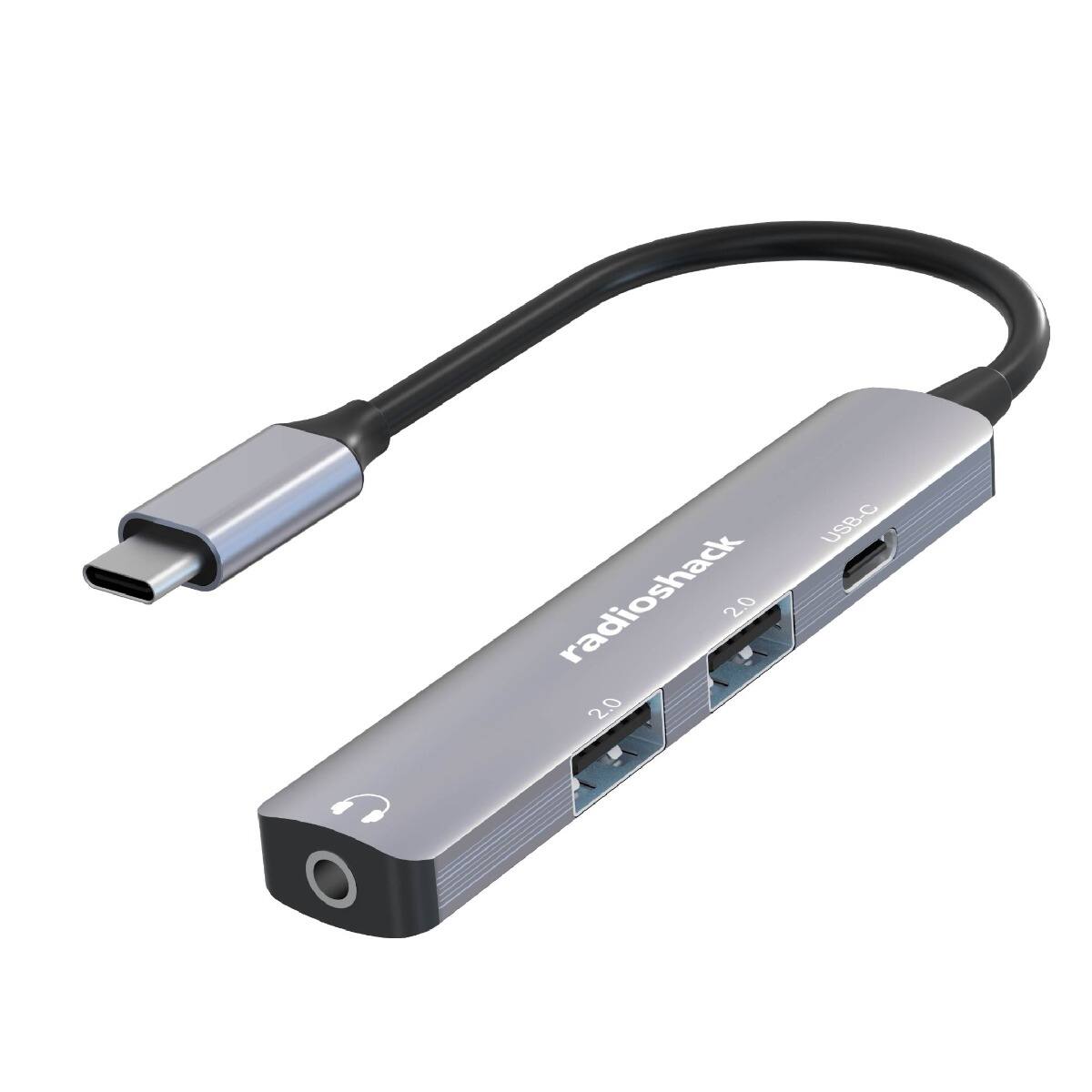 RadioShack - Small Hub USB 2.0 with 4 Ports, 2 USB, 1 Type-C and 1 Audio - Gray