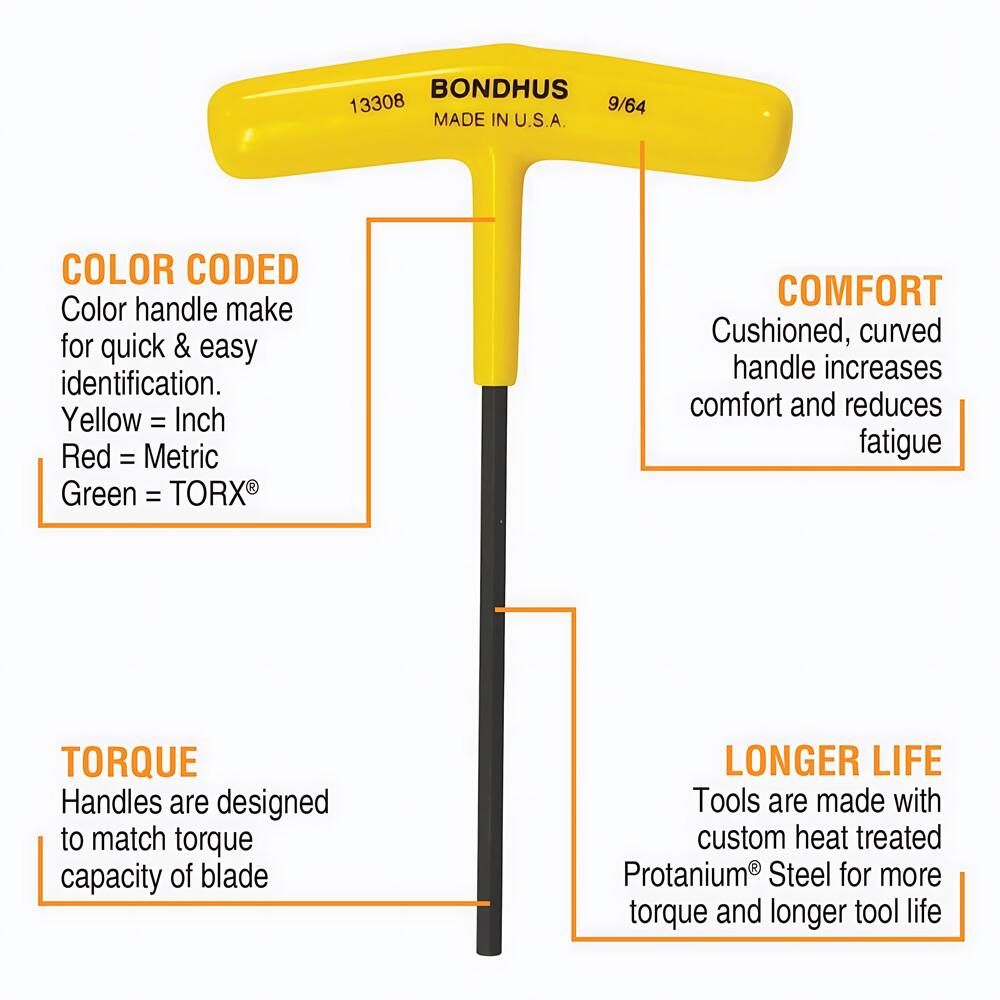BONDHUS 13308 9/64 MADE IN U.S.A. COLOR CODED  
Color handle make for quick & easy identification.  
Yellow = Inch  
Red = Metric  
Green = TORX  

COMFORT  
Cushioned, curved handle increases comfort and reduces fatigue  

TORQUE  
Handles are designed to match torque capacity of blade  

LONGER LIFE  
Tools are made with custom heat treated Protanium® Steel for more torque and longer tool life