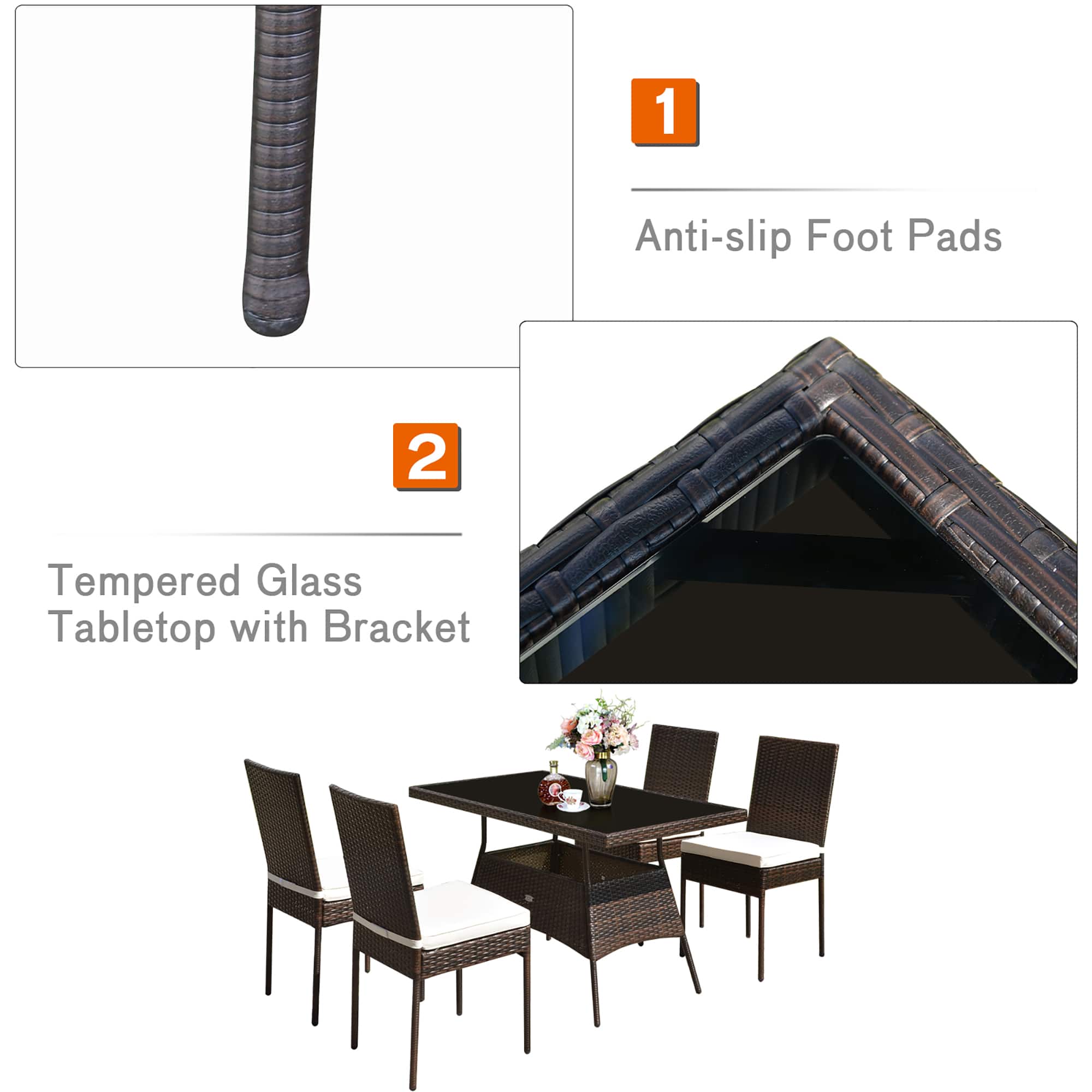 1. Anti-slip Foot Pads 2. Tempered Glass Tabletop with Bracket