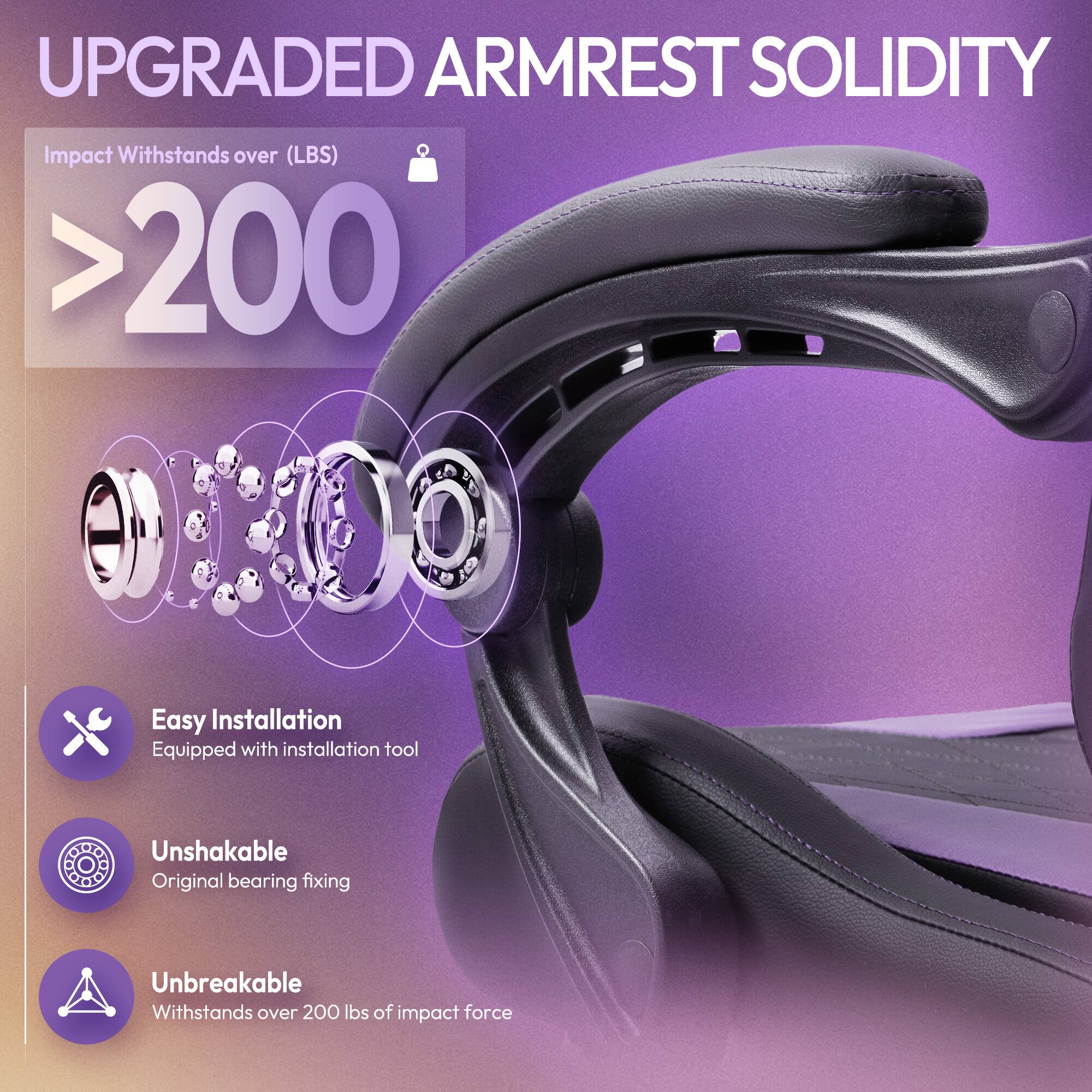 UPGRADED ARMREST SOLIDITY

Impact Withstands over (LBS) >200

- Easy Installation
  Equipped with installation tool

- Unshakable
  Original bearing fixing

- Unbreakable
  Withstands over 200 lbs of impact force