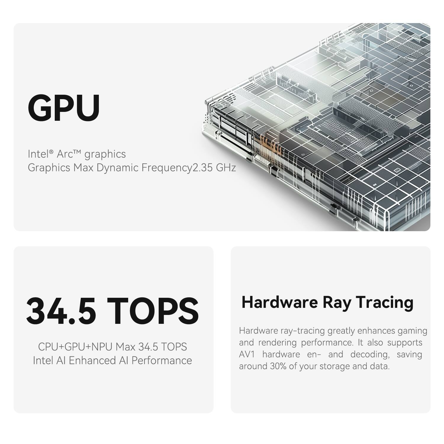GPU  
Intel® Arc™ graphics  
Graphics Max Dynamic Frequency 2.35 GHz  

34.5 TOPS  
CPU+GPU+NPU Max 34.5 TOPS  
Intel AI Enhanced AI Performance  

Hardware Ray Tracing  
Hardware ray-tracing greatly enhances gaming and rendering performance. It also supports AV1 hardware en- and decoding, saving around 30% of your storage and data.