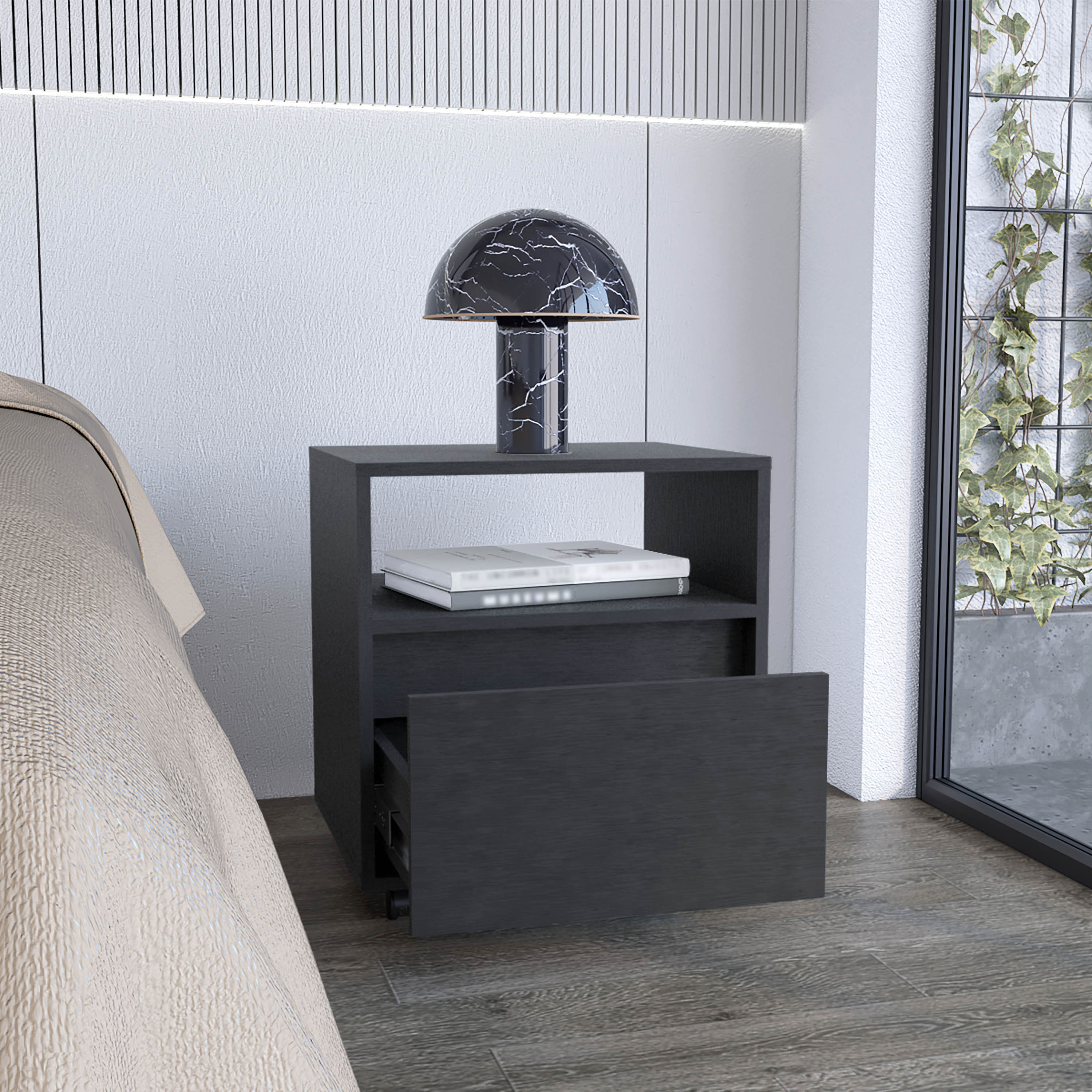Left. Tiramisubest - Black Nightstand with Open Shelf, Drawer, and Casters, 20\ - Black.