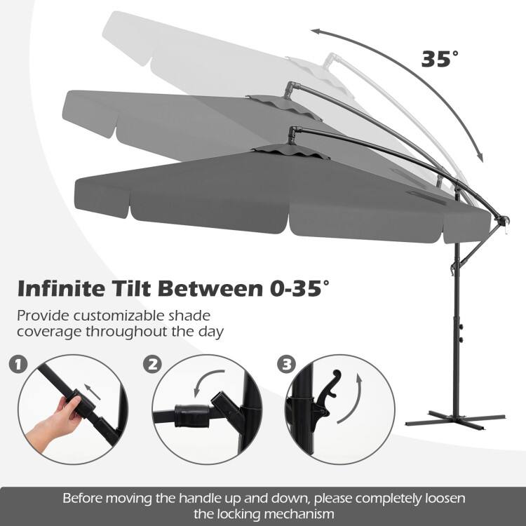 35°

Infinite Tilt Between 0-35°

Provide customizable shade coverage throughout the day

1 2 3

Before moving the handle up and down, please completely loosen the locking mechanism