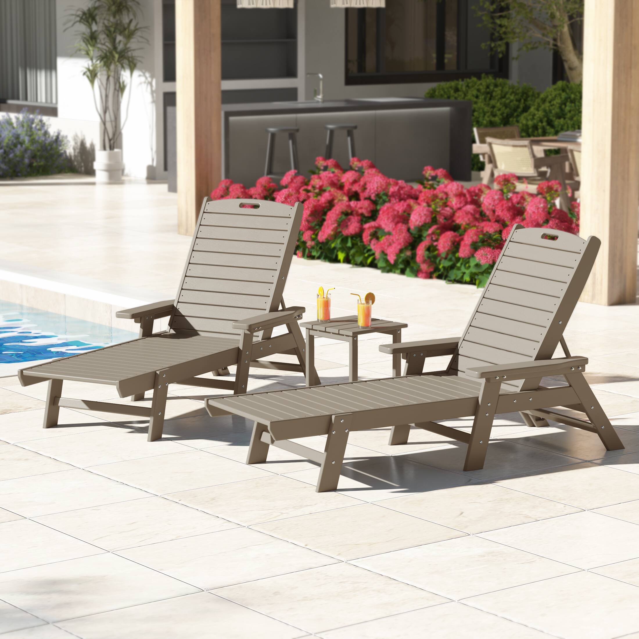 Angle. WestinTrends - WestinTrends Malibu 3 piece Set Poly Adirondack Outdoor Chaise Lounges with Side Table - Weathered Wood.