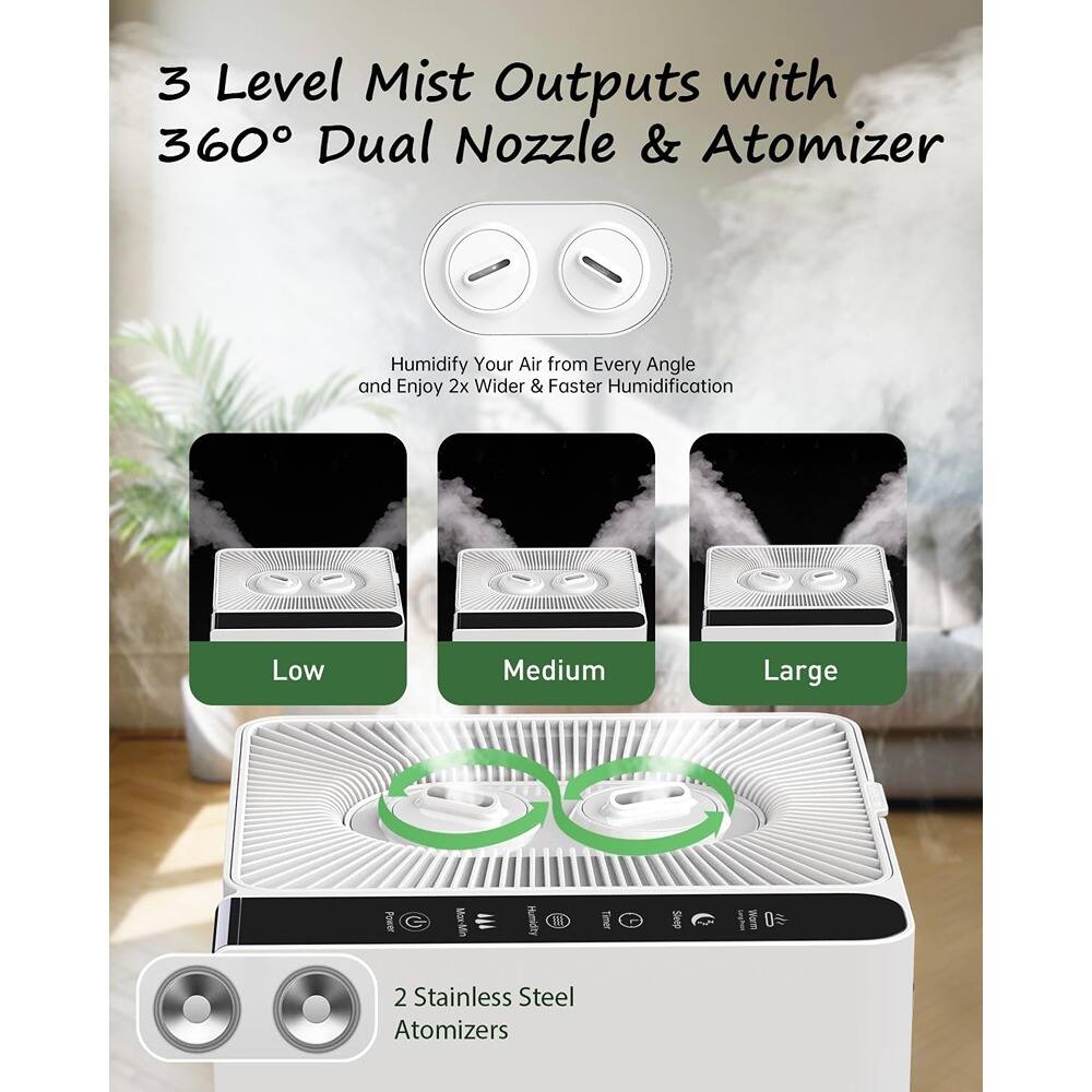 3 Level Mist Outputs with 360° Dual Nozzle & Atomizer  
Humidify Your Air from Every Angle and Enjoy 2x Wider & Faster Humidification  

Low  
Medium  
Large  

2 Stainless Steel Atomizers