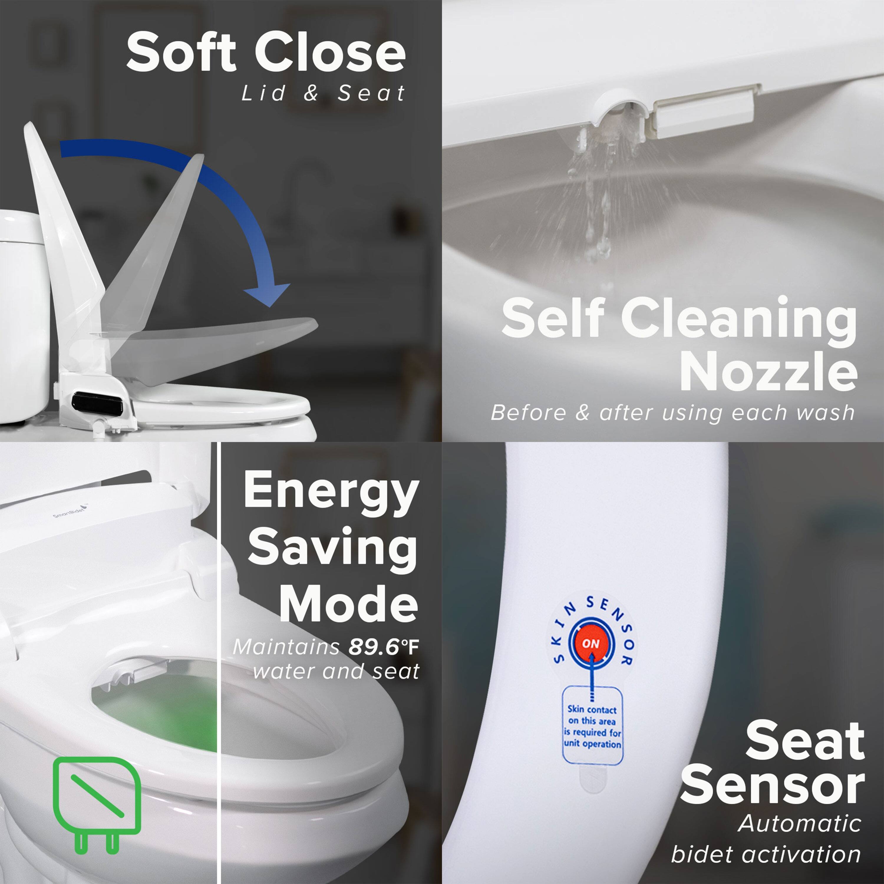 - Soft Close Lid & Seat
- Self Cleaning Nozzle
  - Before & after using each wash
- Energy Saving Mode
  - Maintains 89.6°F water and seat
- SKIN SENSOR ON
  - Skin contact on this area is required for unit operation
- Seat Sensor
  - Automatic bidet activation