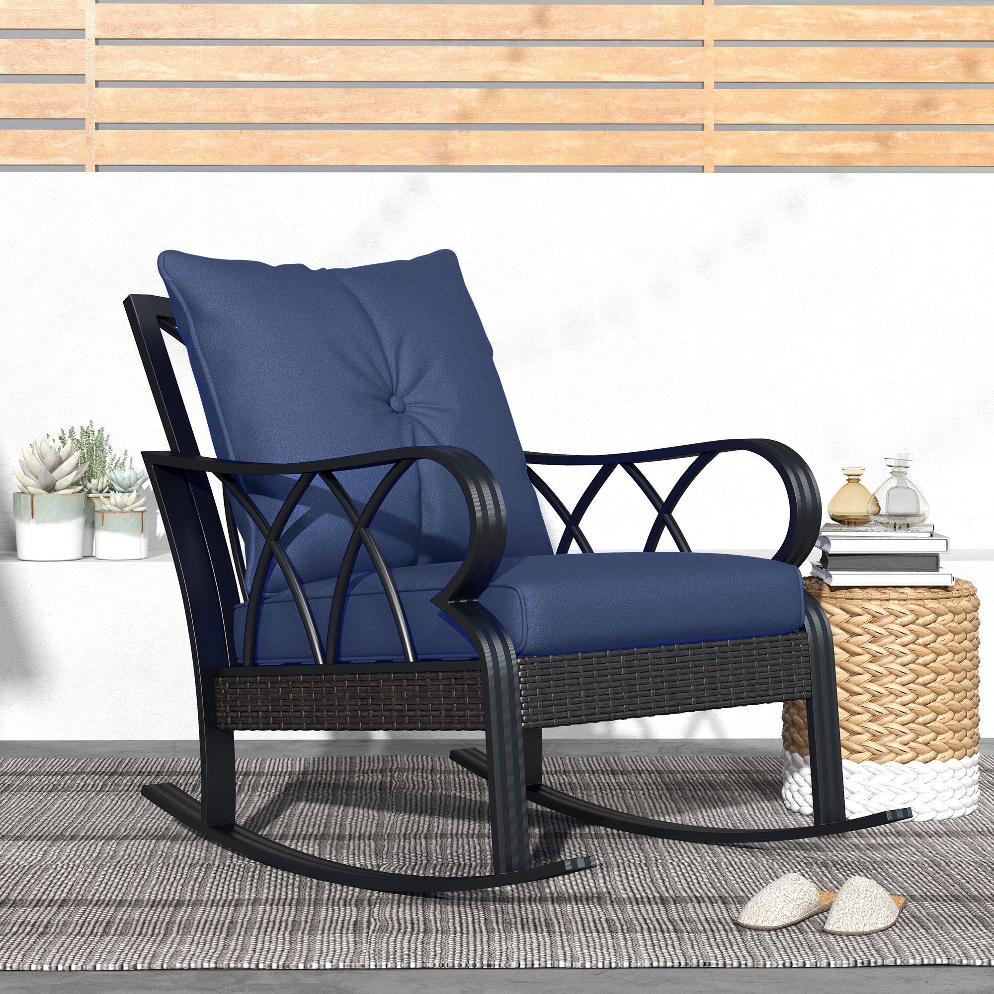 Alt View 7. Outsunny - Outdoor Wicker Rocking Chair with Padded Cushions, Aluminum Furniture Rattan Porch Rocker Chair w/ Armrest - Navy Blue.