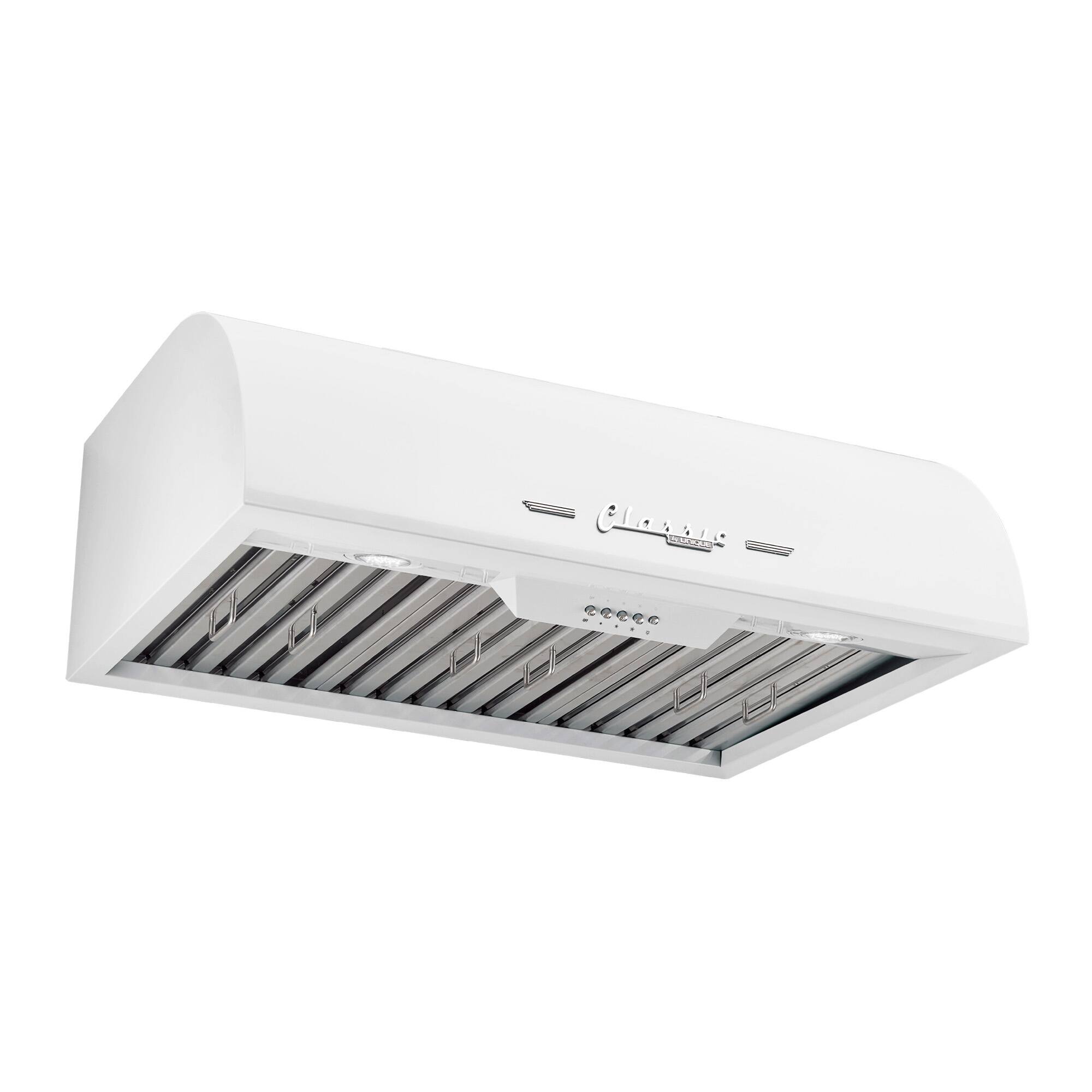 Left. Unique Appliances - Classic Retro 24" 500 CFM Ducted Under Cabinet Range Hood with LED Lighting - Marshmallow White.