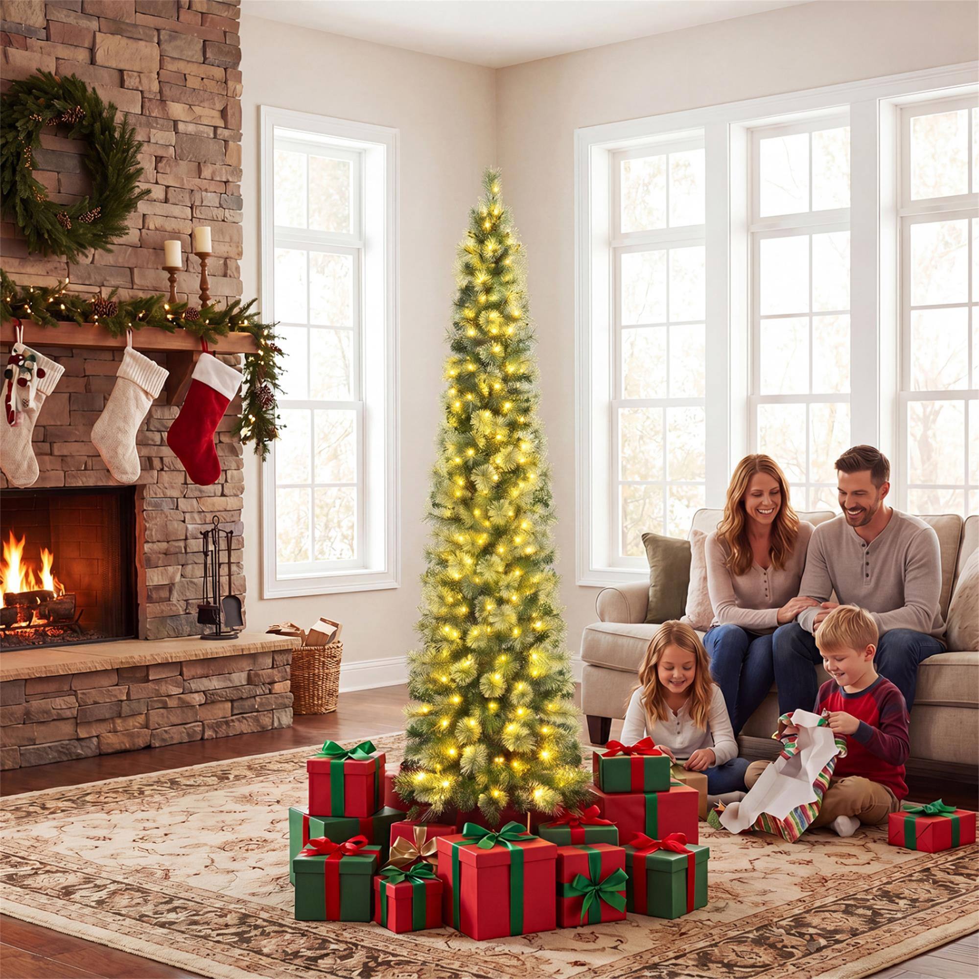 Alt View 3. Boyel Living - 6/7/8 FT Pre-Lit Pencil Artificial Christmas Tree with 120/150/200 LED Warm White Lights and 8 Modes-S - Green.