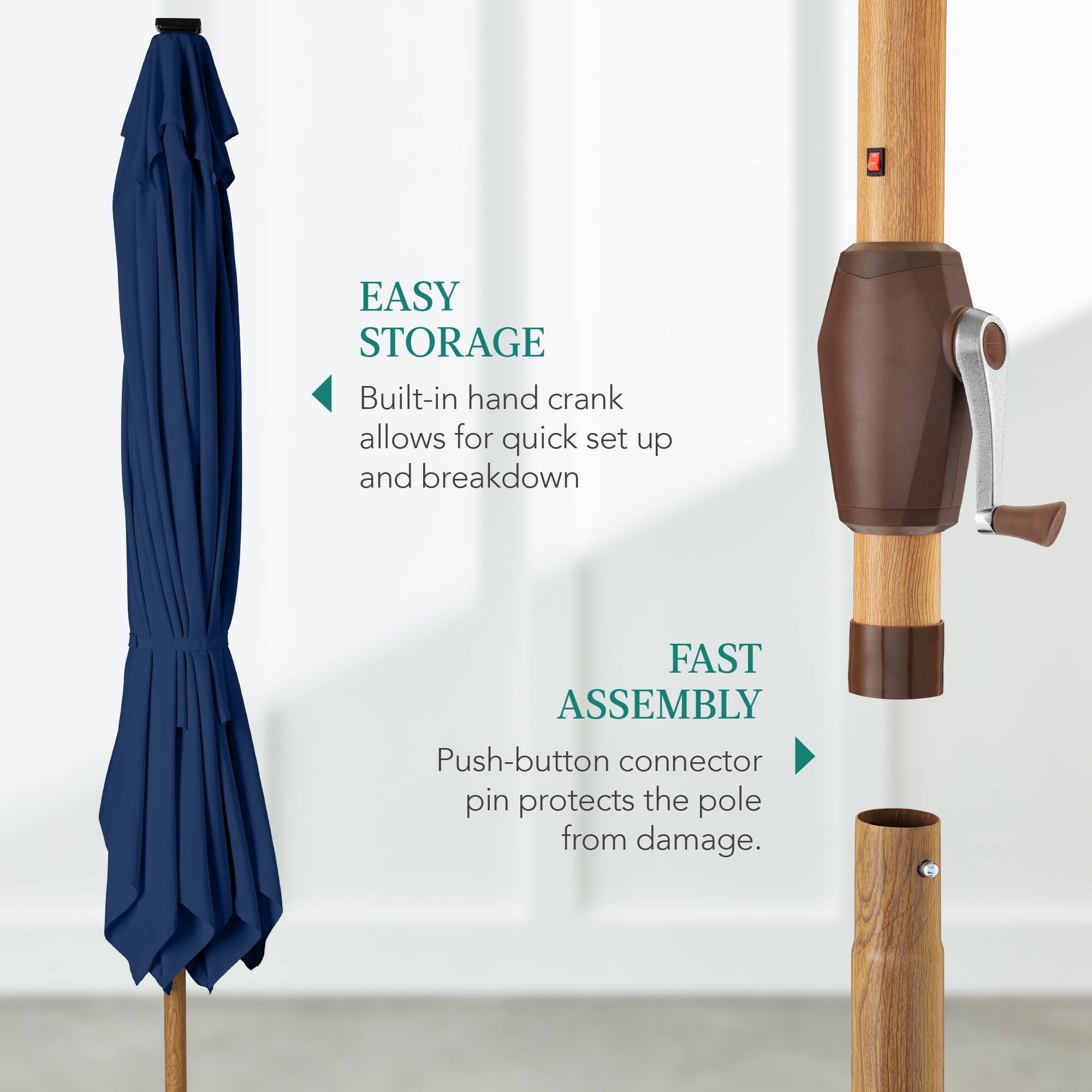 EASY STORAGE: Built-in hand crank allows for quick set up and breakdown. FAST ASSEMBLY: Push-button connector pin protects the pole from damage.