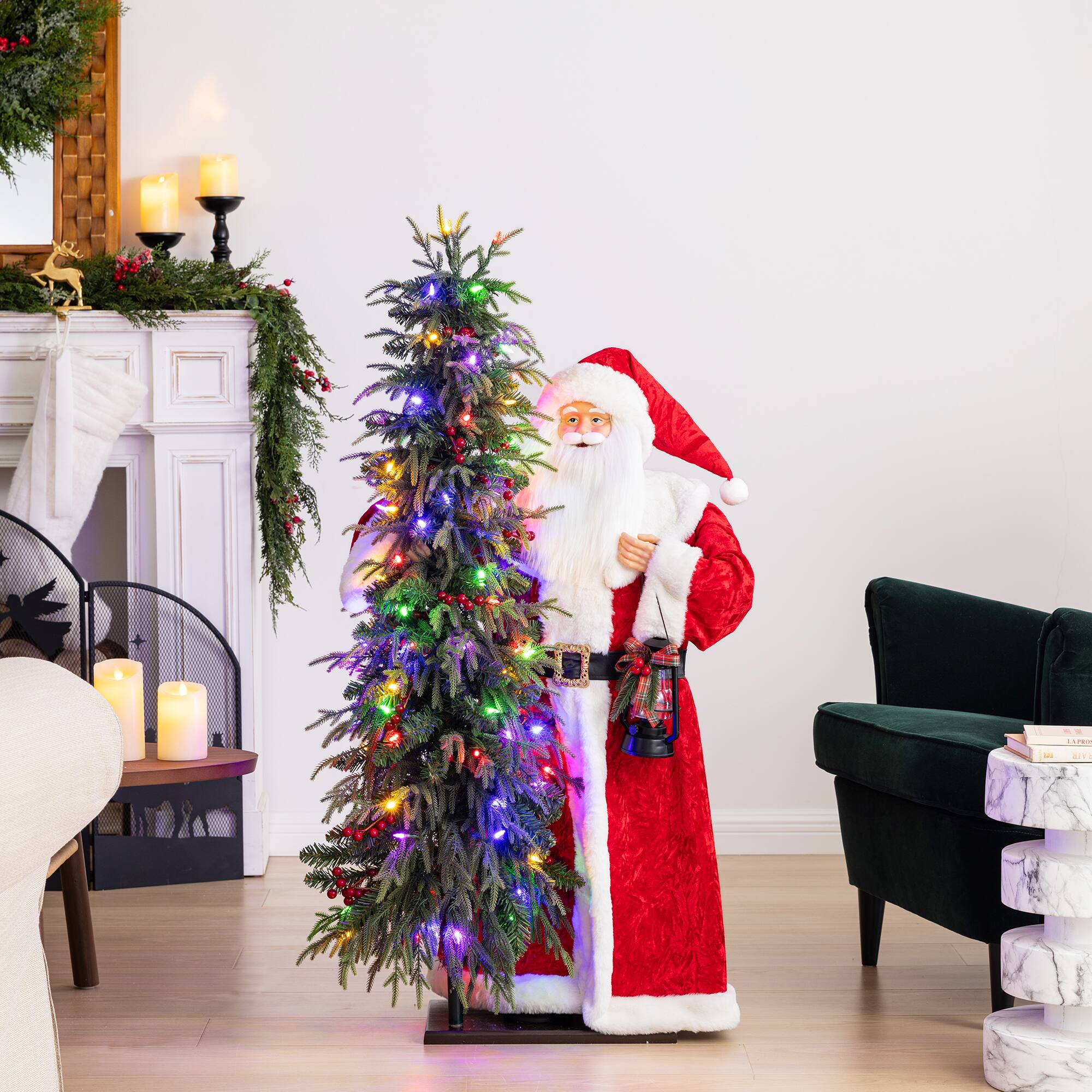 Alt View 4. Glitzhome - 3.5FT Oversized Traditional Santa with 4FT Lighted Greenery PE Dripping Christmas Tree - Multi-Colored.