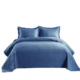 MarCielo - 3 Piece 100% Cotton Oversized Bedspread Lightweight Quilt Set - Midtone Blue