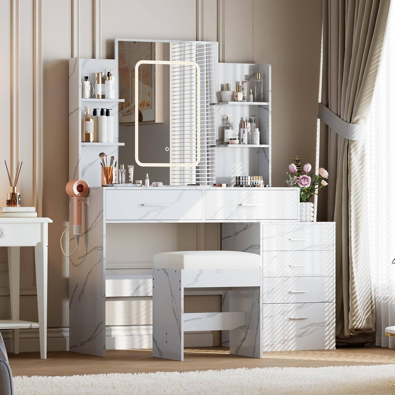 Alt View 2. GARVEE - Vanity Desk with Lighted Mirror, Power Outlet, 6 Drawers, 4 Shelves, Padded Stool, Compact Bedroom Makeup, White - white.