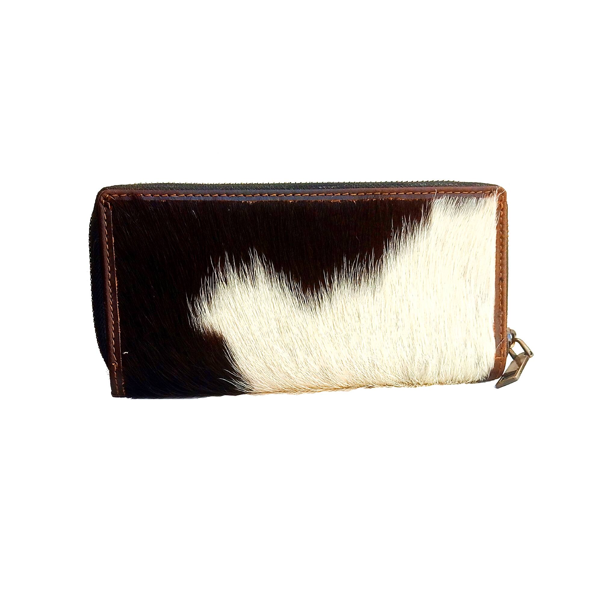 Back. ESS - eSS Real Cowhide Leather Clutch Wallet for Women - Zipper Western Purse  - 8 credit cards - Black/White Combination.