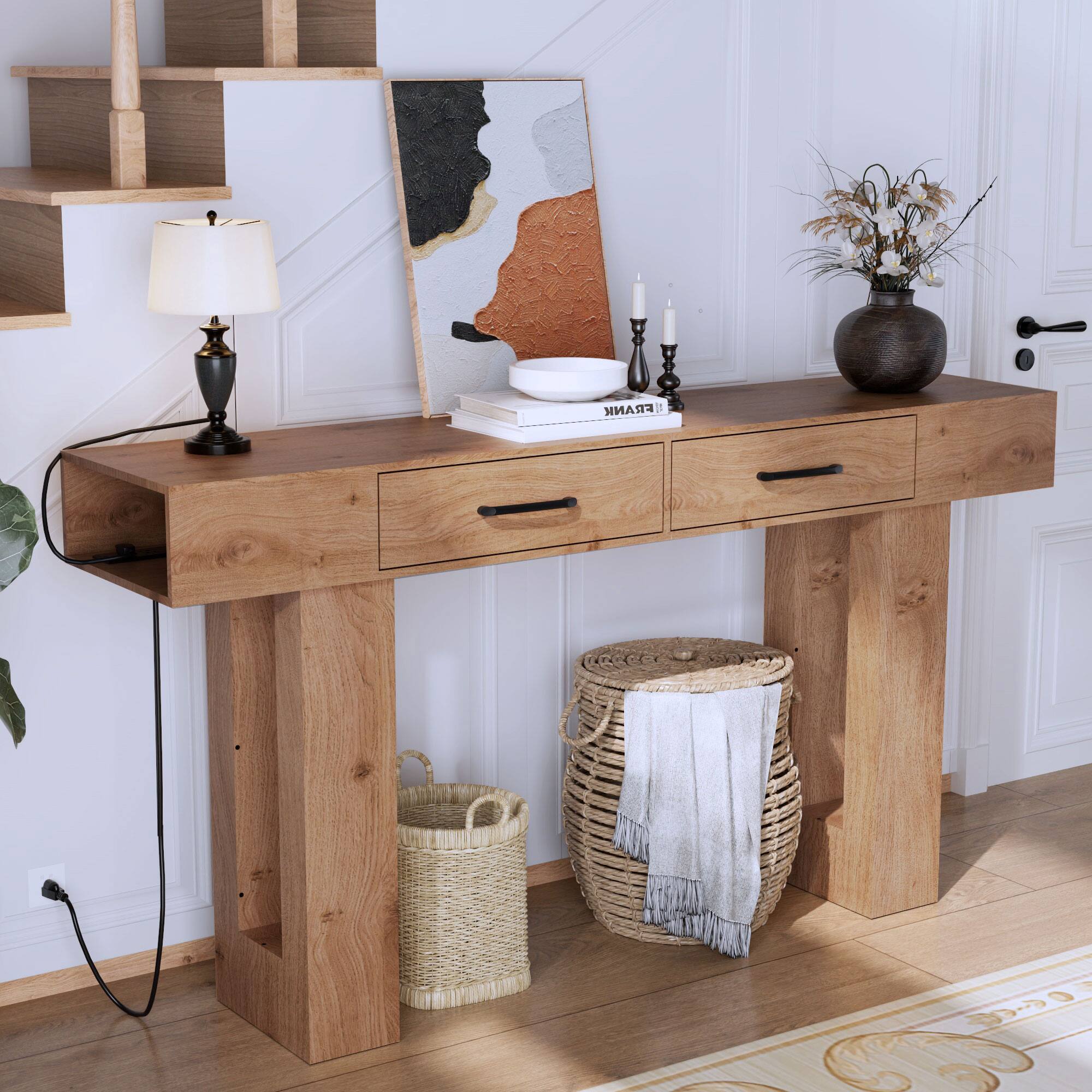 Left. TinyHomie - 63-Inch Long Console Table Wooden Rectangular Sofa Table Behind The Couch Farmhouse Entryway Table for Entrance Hallway - Wood.