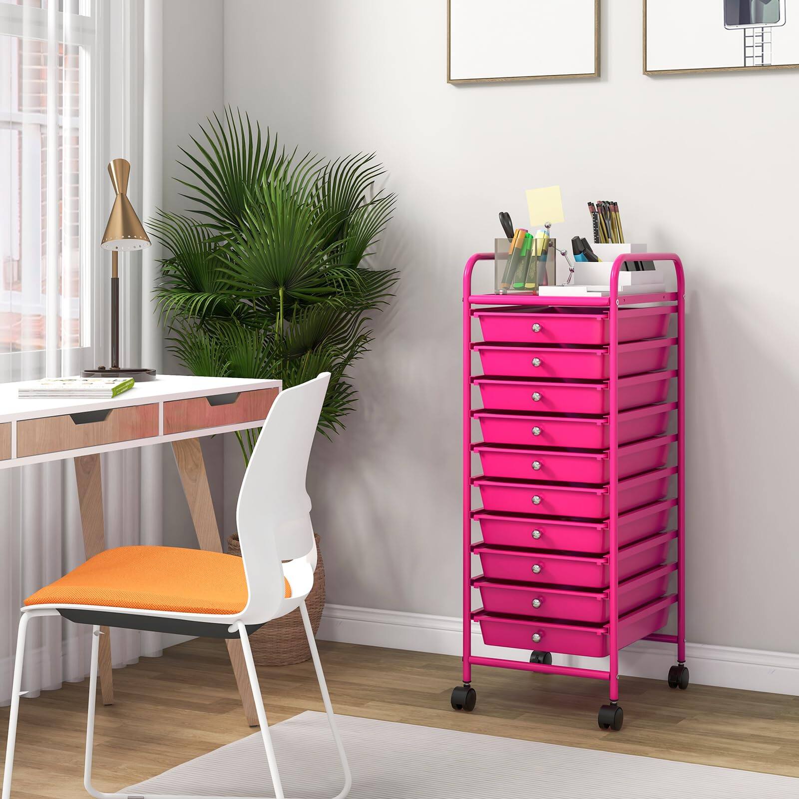 Alt View 1. Ecooso - 10-Drawer Rolling Storage Cart with Universal Casters, Mobile Drawer Organizer for Craft Room and Home Storage - Pink.