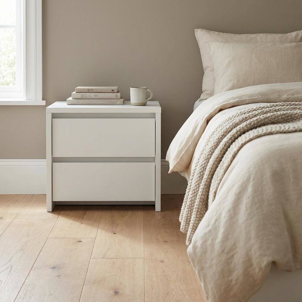 Left. FurniFact - 17-Inch Tall Nightstand with 2-Drawer Storage and Metal Runners - White.