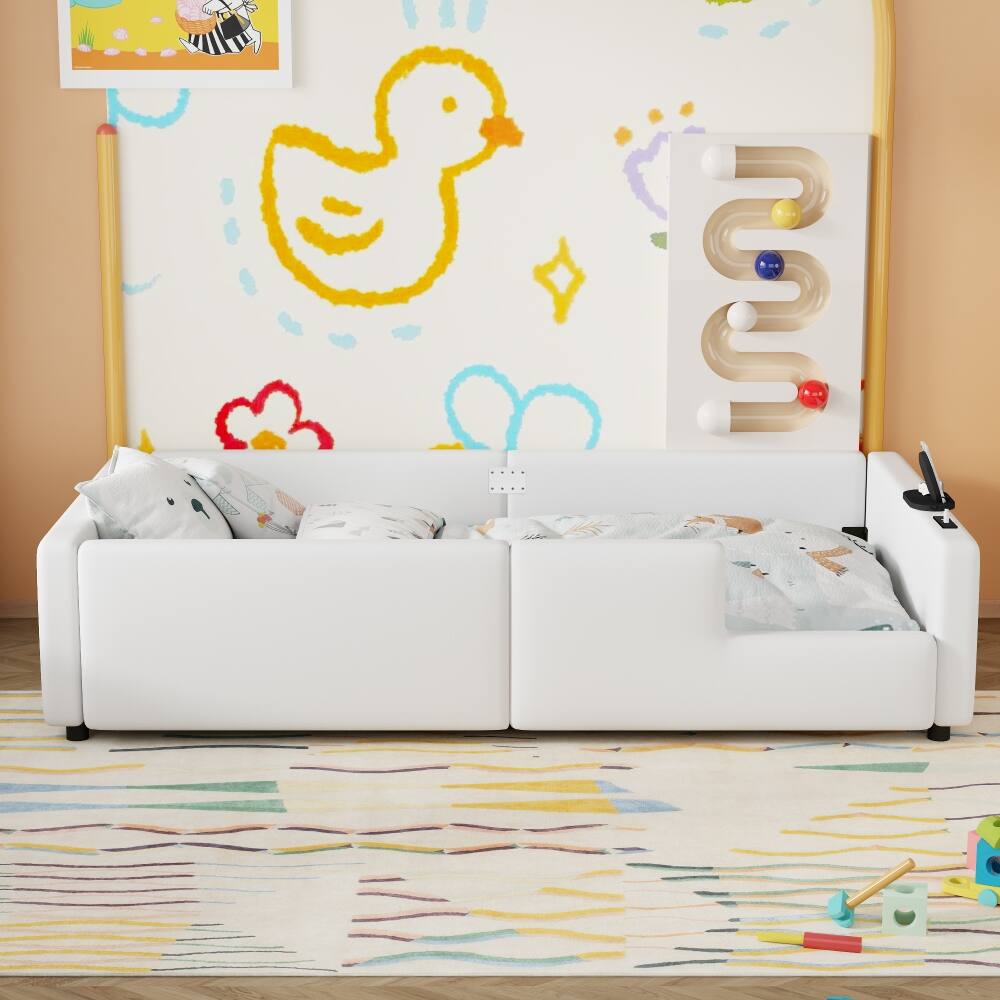 Back. Loheer - Loheer Twin Upholstered Platform Bed White Twin Bed with Guardrail and Charging Station - White.