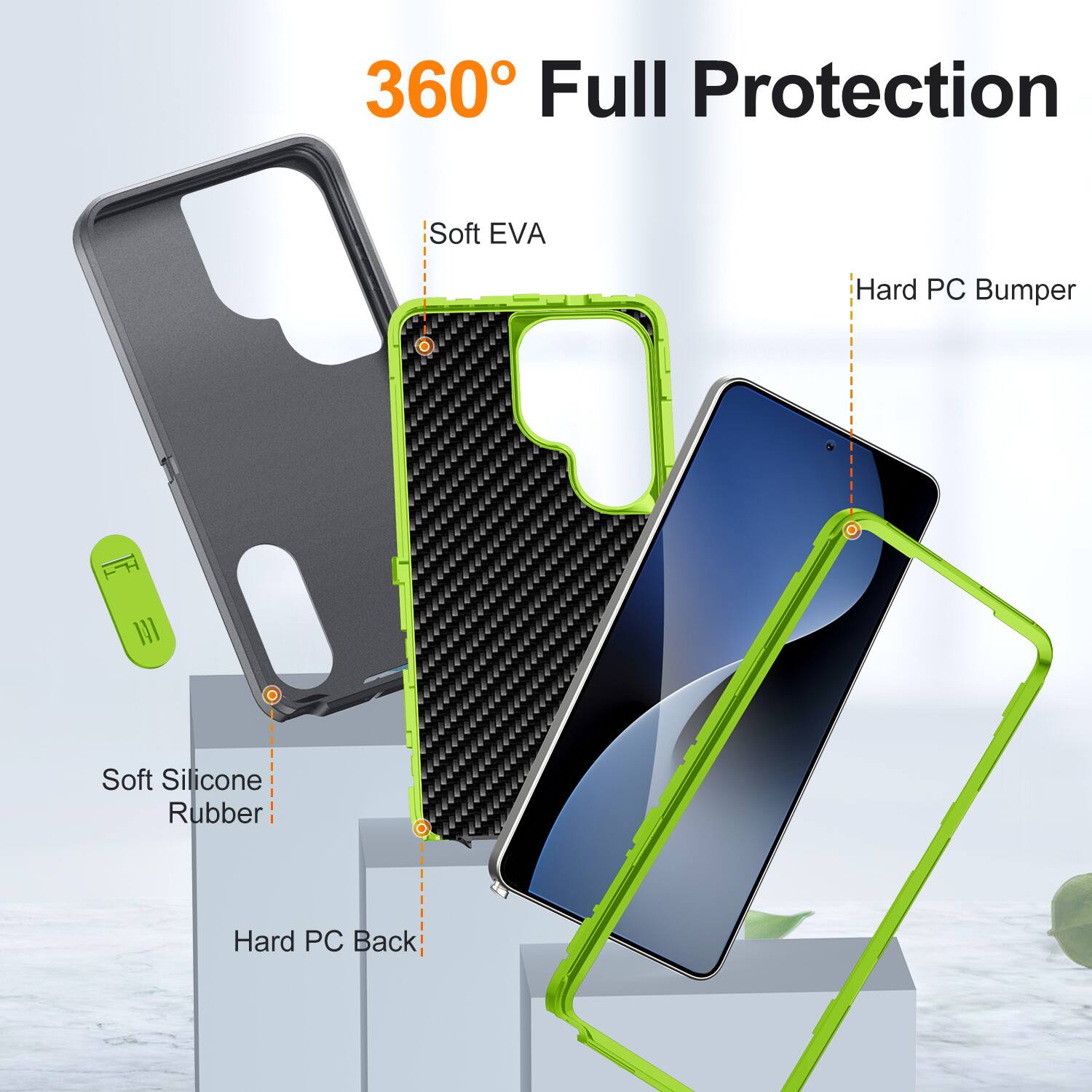 360° Full Protection

- Soft EVA
- Hard PC Bumper
- Soft Silicone Rubber
- Hard PC Back