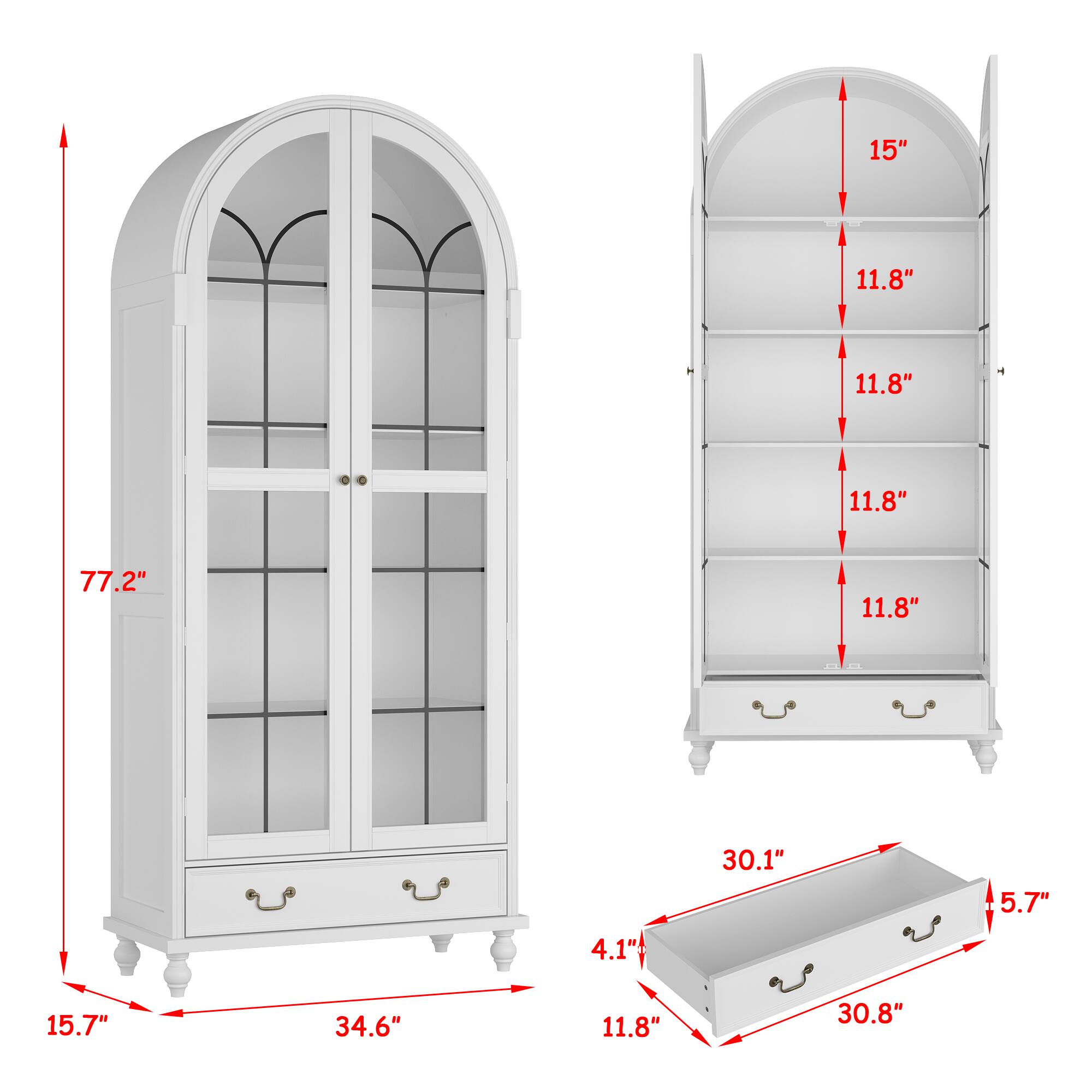 - Height: 77.2"
- Width: 34.6"
- Depth: 15.7"
- Shelf Height: 11.8" (x4)
- Top Shelf Height: 15"
- Drawer Height: 5.7"
- Drawer Width: 30.8"
- Drawer Depth: 30.1"
- Drawer Height: 4.1"