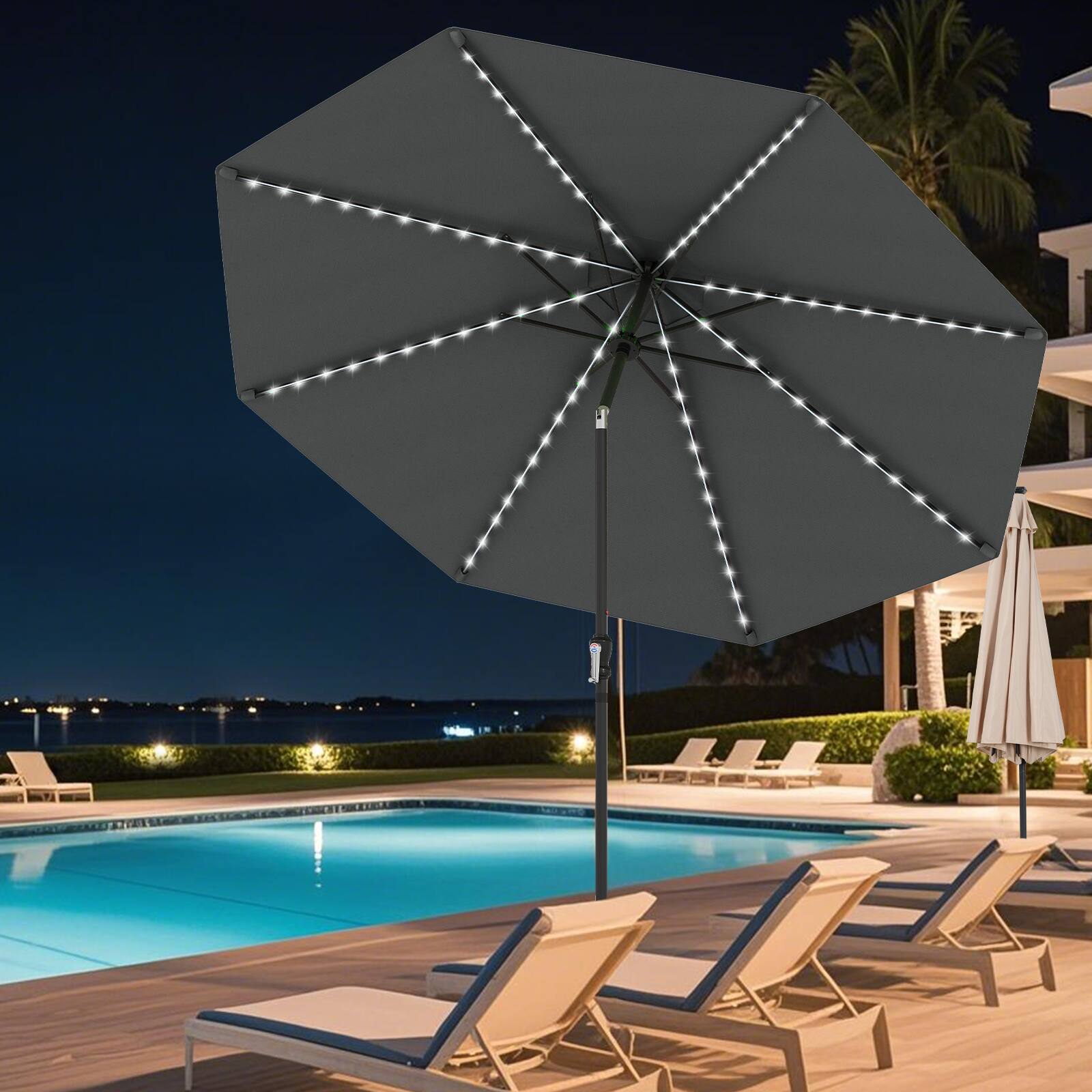 Alt View 4. Gymax - Gymax 10 FT Solar Patio Umbrella w/96 Multi-colored LED Lights & 9 Modes Vented Top Gray - Gray.