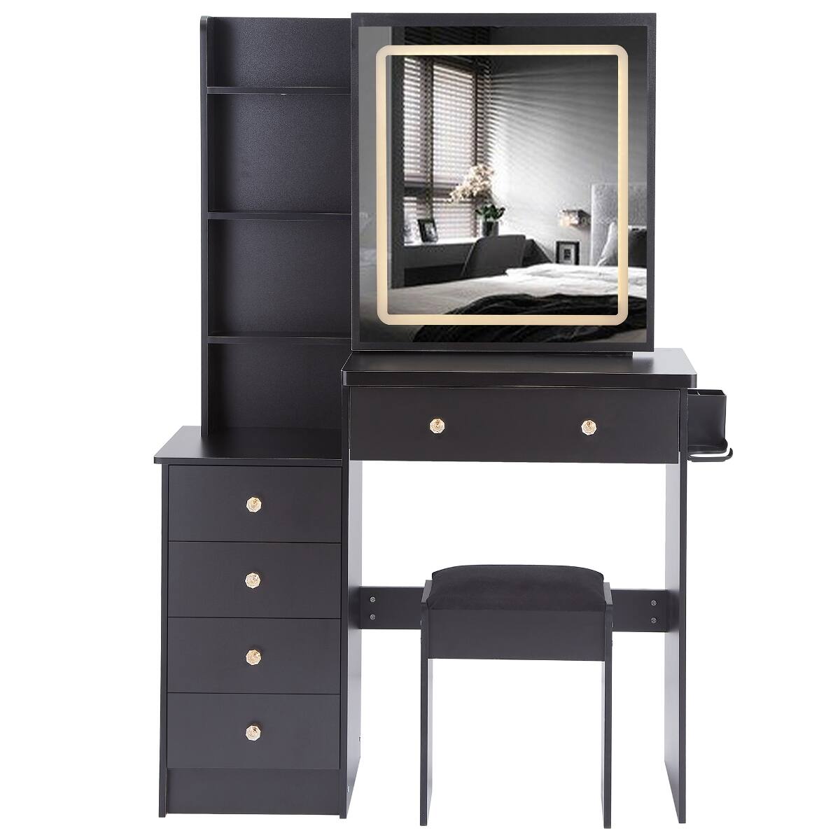 Alt View 10. Loheer - Loheer Makeup Vanity with Sliding Mirror, Black MDF Table with Padded Stool - Black.