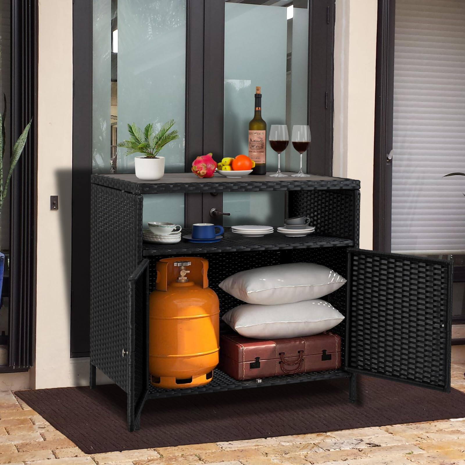 Back. Babevy - Weather-Proof Rattan Bar Table Storage Cabinet, Wicker Patio Storage Box with Two Doors for Garden & Outdoor Bar - Grey.