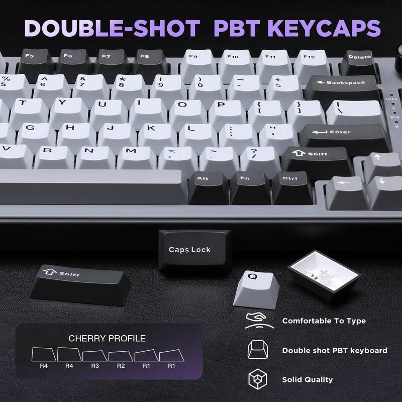 DOUBLE-SHOT PBT KEYCAPS

F5 F6 F7 F8 F9 F10 F11 F12 Delete % 5 6 & 7 * 8 ( 9 0 - Backspace T Y U I O P { } | Enter T Y U I O P { } | Enter M V B N M V V 7 / Shift Alt Ctrl Caps Lock

CHERRY PROFILE
R4 R4 R3 R2 R1 R1

Comfortable To Type
Double shot PBT keyboard
Solid Quality