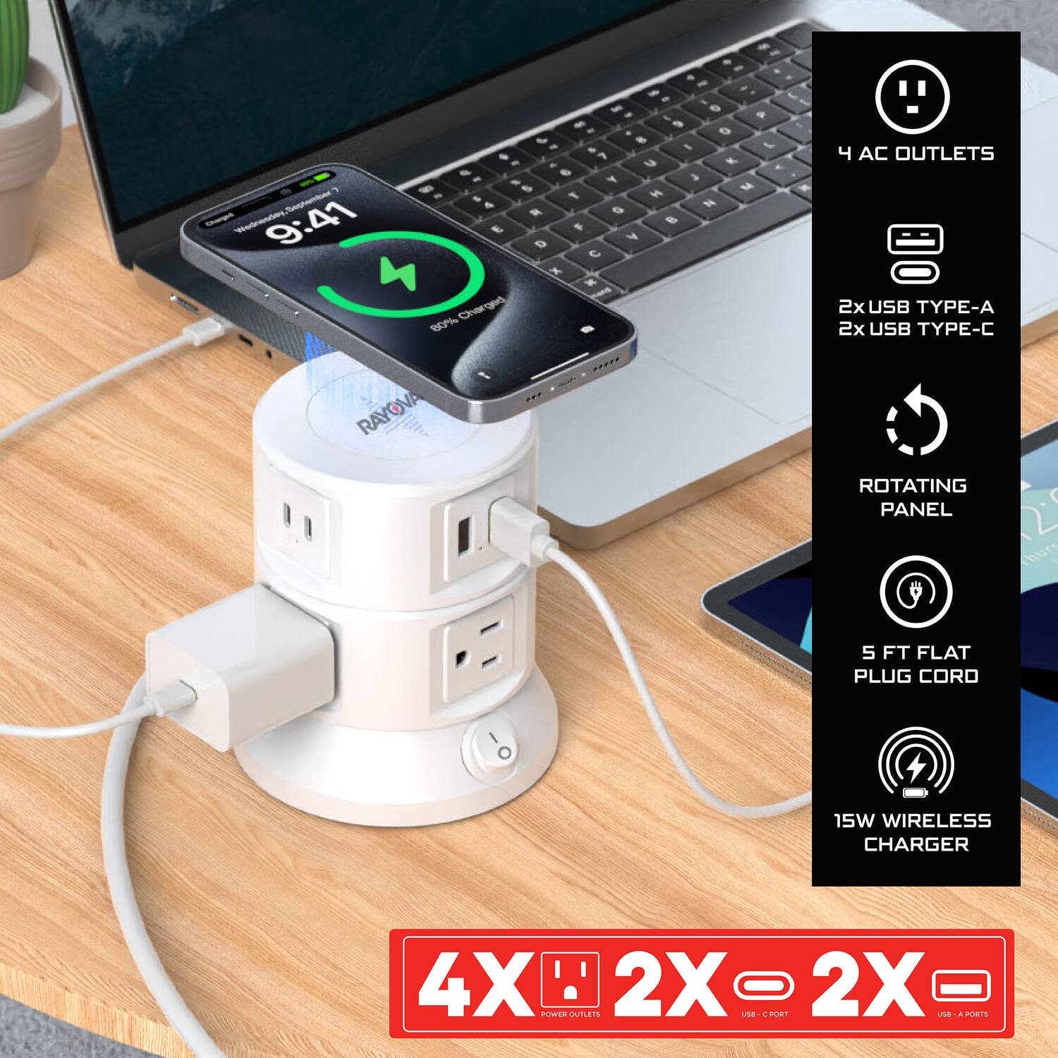 - n ednewbary 9:41 - - - -   I - - 6  & L A K E 1 a e a Y N - - e F  e S N A 8 E  D Y e K  I Charged 80% 4 AC OUTLETS 2x USB TYPE-A 2x USB TYPE-C RAYOVA . ROTATING PANEL D dur 5 FT FLAT PLUG CORO 15W WIRELESS CHARGER 4X adias  2X E - 2 PUSI 2X os  POeTS

Corrected text:

- n ednewbary 9:41 - - - -   I - - 6  & L A K E 1 a e a Y N - - e F  e S N A 8 E  D Y e K  I Charged 80% 4 AC OUTLETS 2x USB TYPE-A 2x USB TYPE-C RAYOVA . ROTATING PANEL D dur 5 FT FLAT PLUG CORO 15W WIRELESS CHARGER 4X adias  2X E - 2 PUSI 