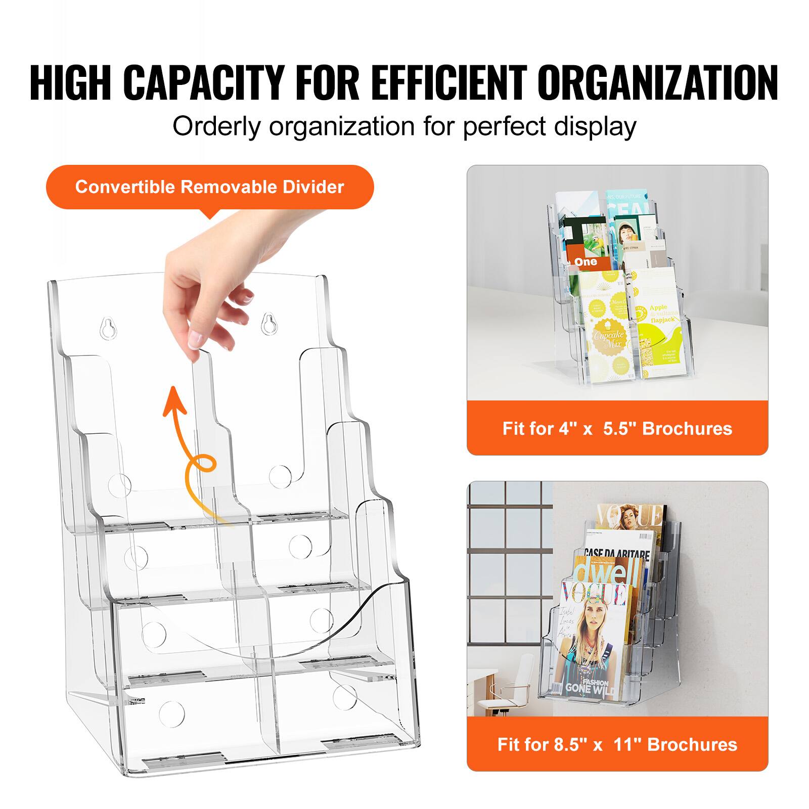 HIGH CAPACITY FOR EFFICIENT ORGANIZATION  
Orderly organization for perfect display  

Convertible Removable Divider  

Fit for 4" x 5.5" Brochures  

Fit for 8.5" x 11" Brochures