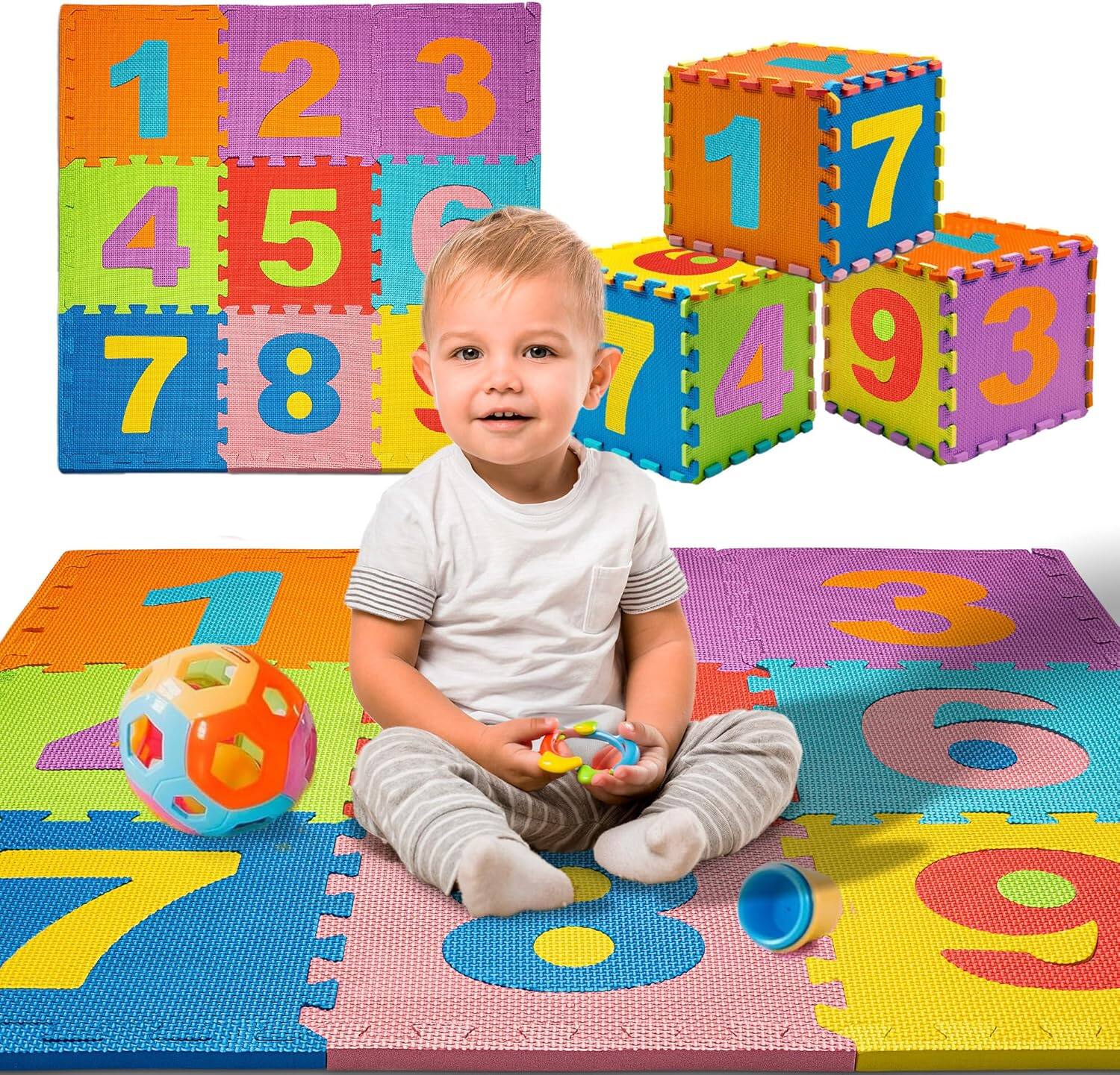 Front. Toyvelt - Foam Puzzle Floor Mat for Kids – 12x12 10 Tiles Interlocking Number Play Mat - Numbers.