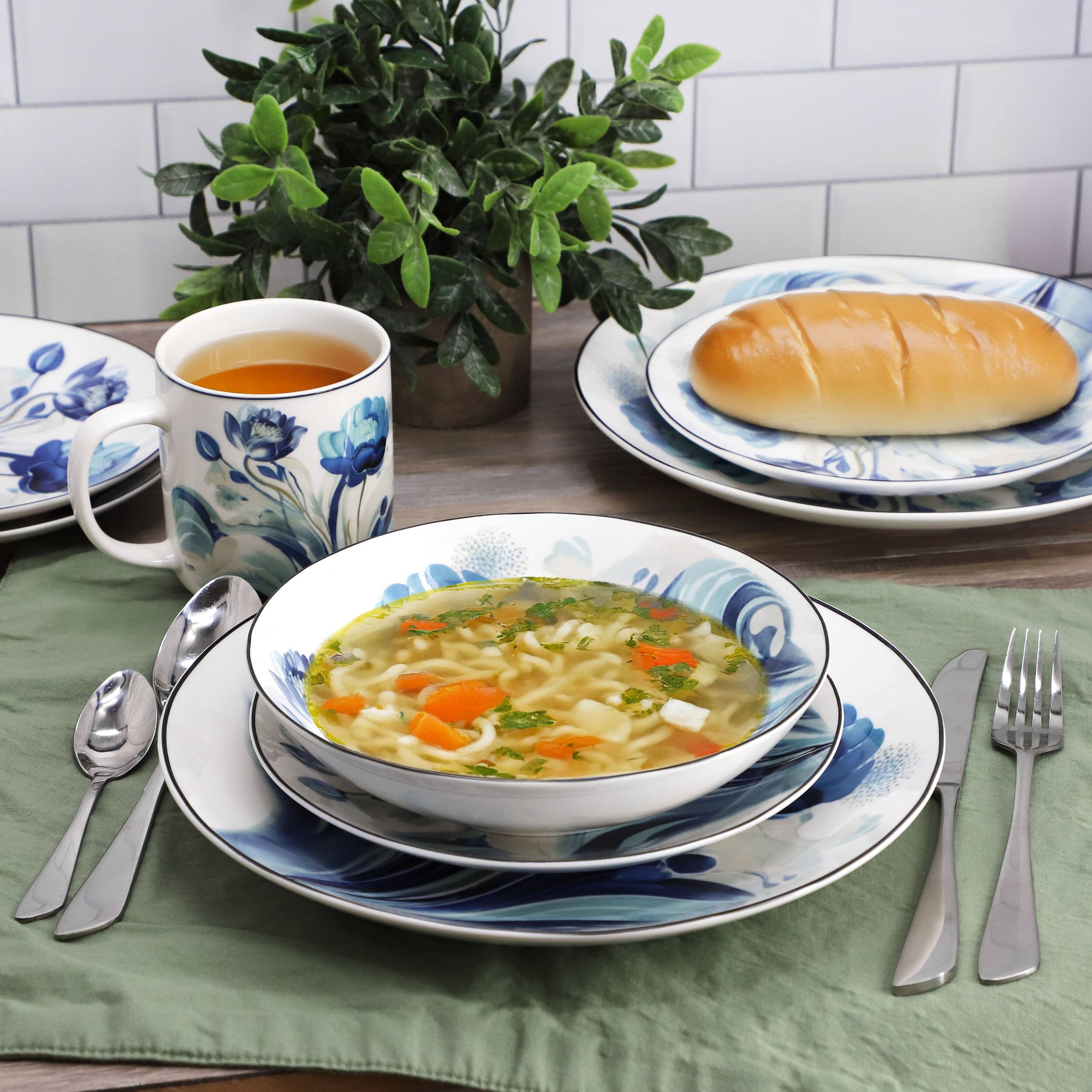 Alt View 8. Elama - Elama Peony Garden 16 Piece Floral Design Round Porcelain Dinnerware Set in Blue - White and Blue.