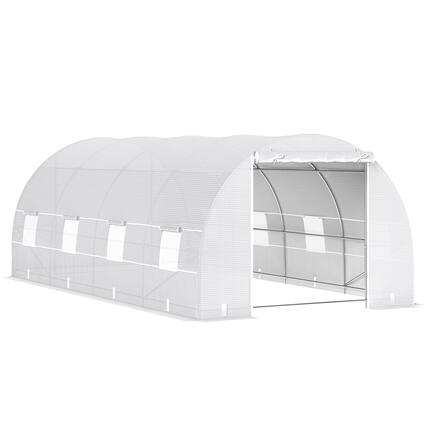 Front. Outsunny - 20' x 10' x 7' Walk-In Tunnel Greenhouse with Zippered Door & 8 Mesh Windows, Large Garden Green House Kit - White.