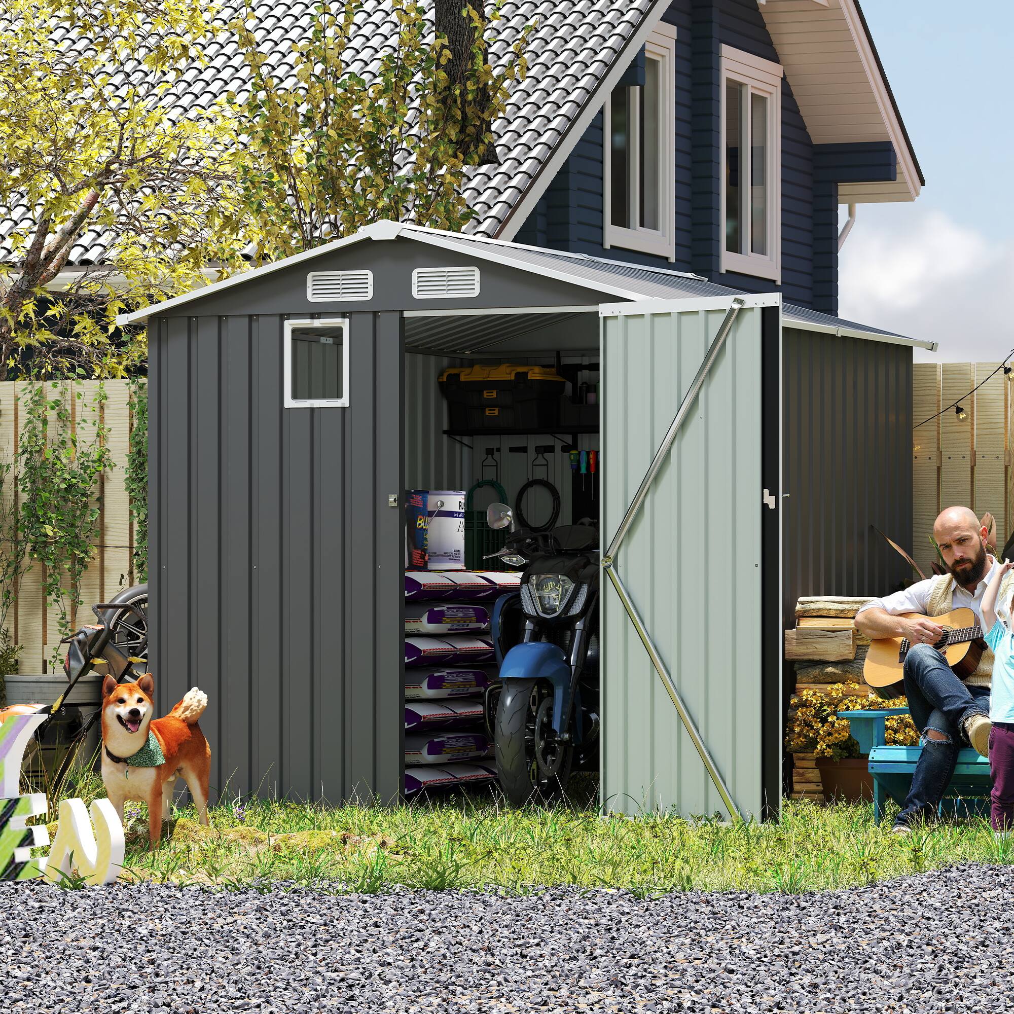 Angle. Anysun - 6x8ft Outdoor Steel Storage Shed with Lockable Doors, Clear Window & Air Vents Backyard or Patio - Dark Gray.