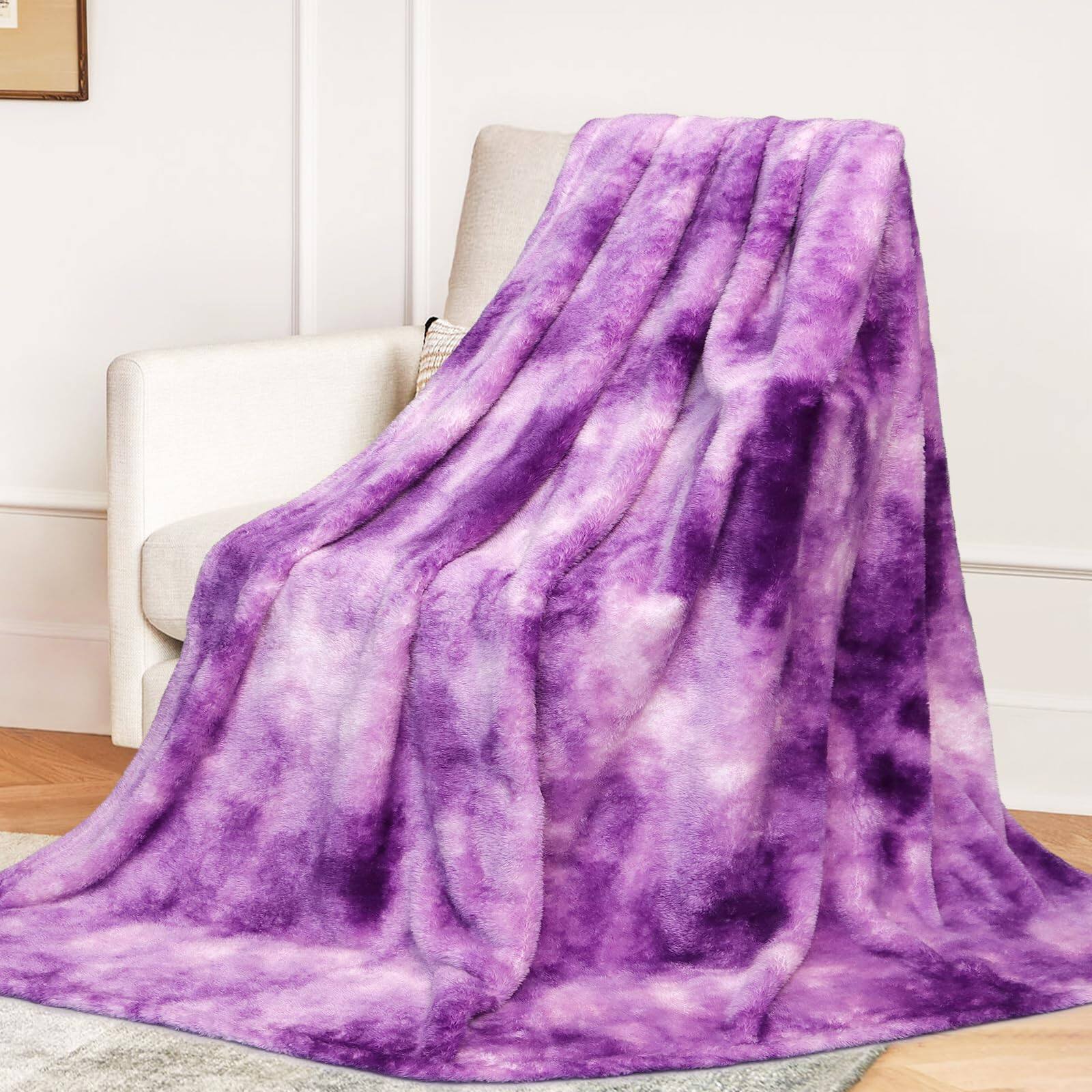 ThinkLink Electronic - Fleece Blanket Purple Throw - 300gsm For Couch Sofa Bed Soft Lightweight Plush Cozy Microfiber Blankets & Throws - Purple White Throw(50"x70"/ 130x150cm)