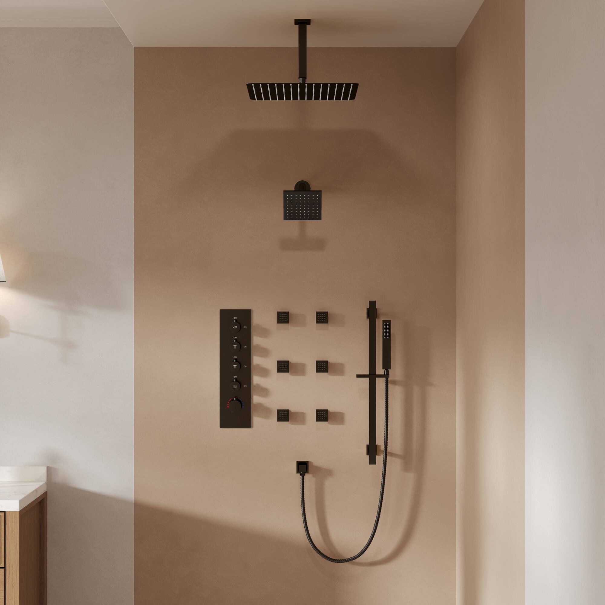 Angle. GRANDJOY - 16" Thermostatic Shower System with Dual Rainfall Shower Heads, Handheld Sprayer, and Six Body Jets for Luxury Bathroom - Matte Black.