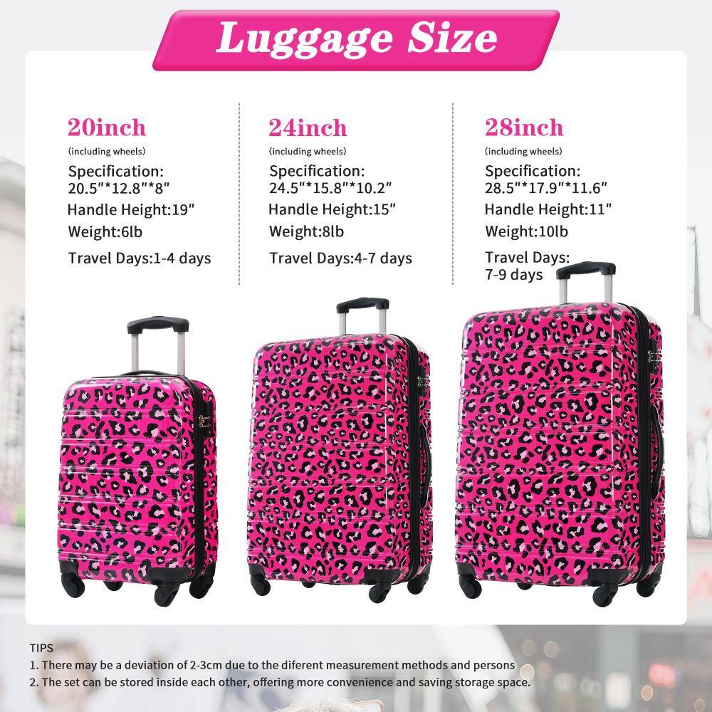 Luggage Size

20inch (including wheels)
- Specification: 20.5" x 12.8" x 8"
- Handle Height: 19"
- Weight: 6lb
- Travel Days: 1-4 days

24inch (including wheels)
- Specification: 24.5" x 15.8" x 10.2"
- Handle Height: 15"
- Weight: 8lb
- Travel Days: 4-7 days

28inch (including wheels)
- Specification: 28.5" x 17.9" x 11.6"
- Handle Height: 11"
- Weight: 10lb
- Travel Days: 7-9 days

TIPS
1. There may be a deviation of 2-3cm due to different measurement methods and persons.
2. The set can be stored inside each other, offering more convenience and saving storage space.