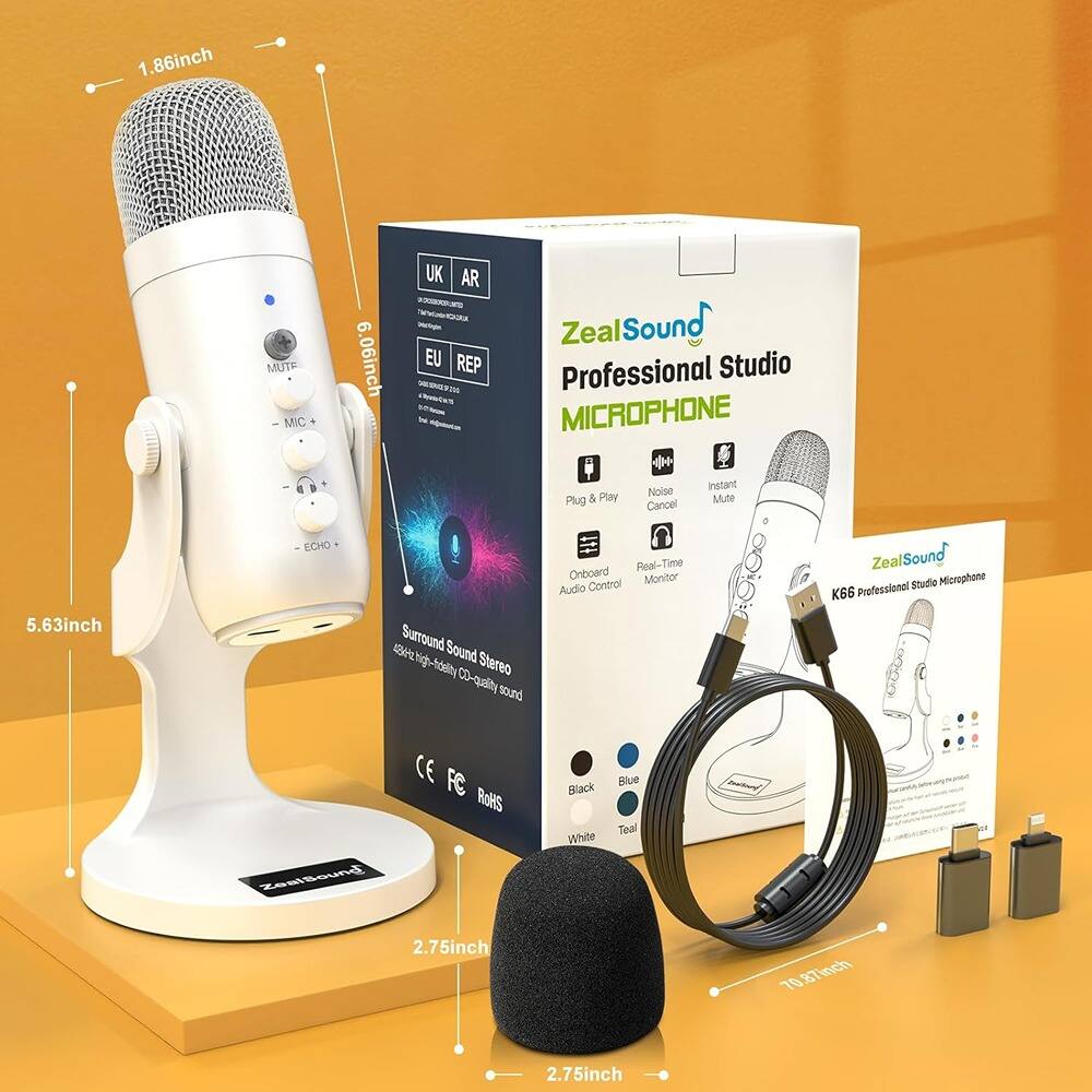 Left. MOSZAR LLC - White USB Gaming Microphone – Quick Mute, Noise Cancel & Gain Control Mic.
