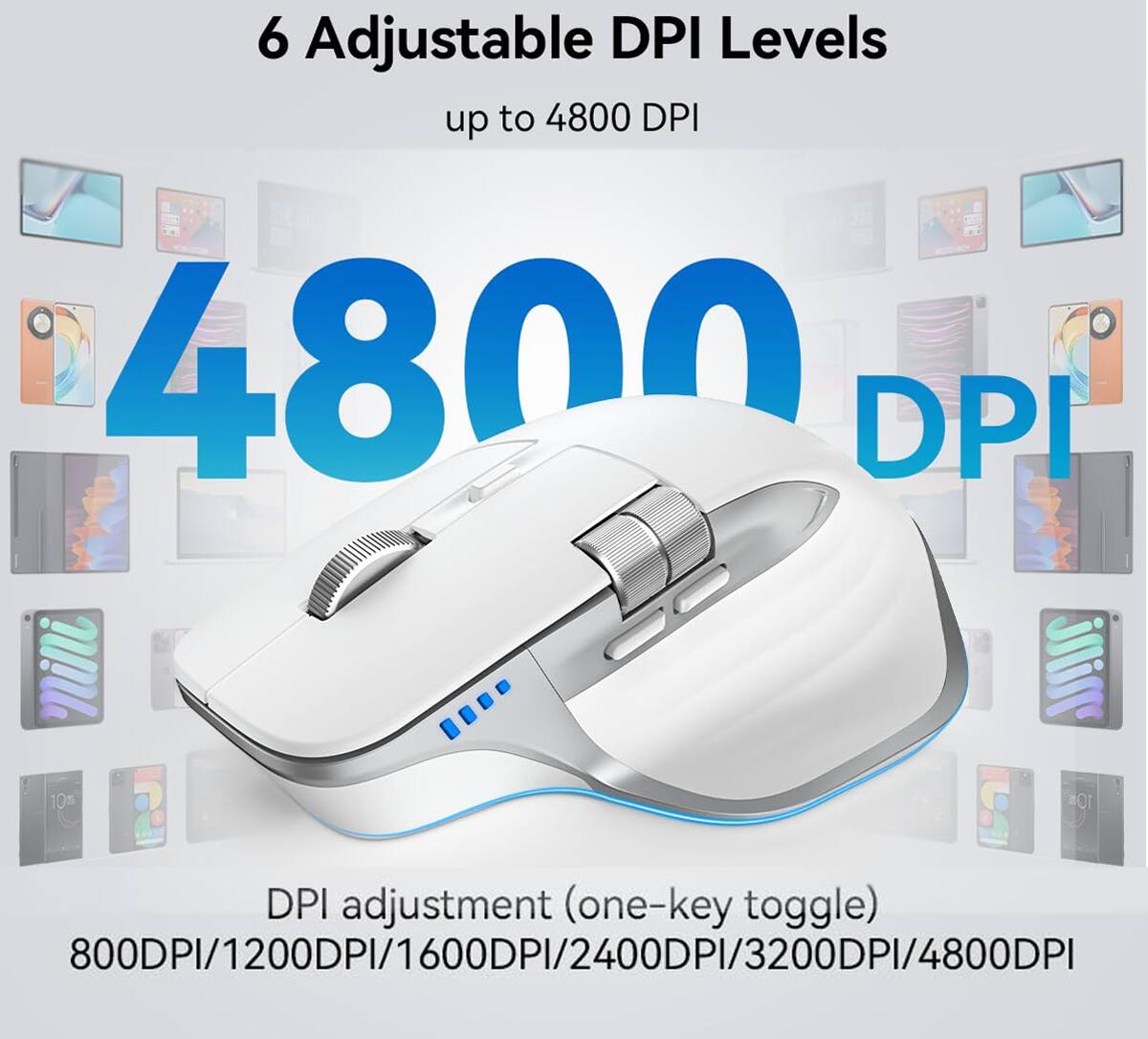 6 Adjustable DPI Levels up to 4800 DPI

4800 DPI

DPI adjustment (one-key toggle)

800DPI/1200DPI/1600DPI/2400DPI/3200DPI/4800DPI