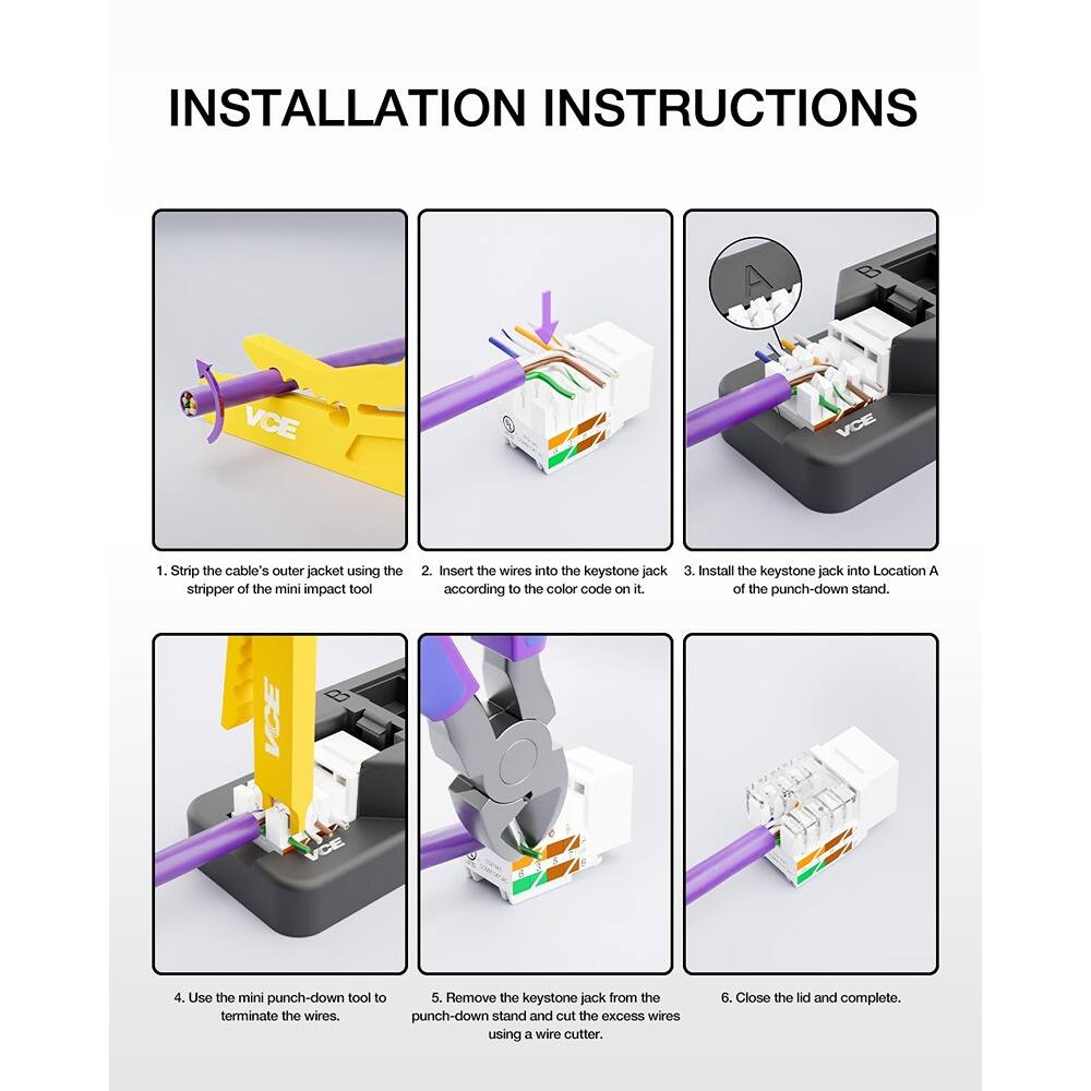 **INSTALLATION INSTRUCTIONS**

1. Strip the cable's outer jacket using the stripper of the mini impact tool.
2. Insert the wires into the keystone jack according to the color code on it.
3. Install the keystone jack into Location A of the punch-down stand.
4. Use the mini punch-down tool to terminate the wires.
5. Remove the keystone jack from the punch-down stand and cut the excess wires using a wire cutter.
6. Close the lid and complete.