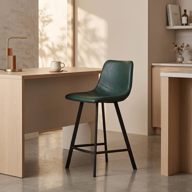 Angle. LeisureMod - Elland Counter Stool, Modern Upholstered Leather Counter Height Barstool with Iron Legs and Footrest - Olive Green.