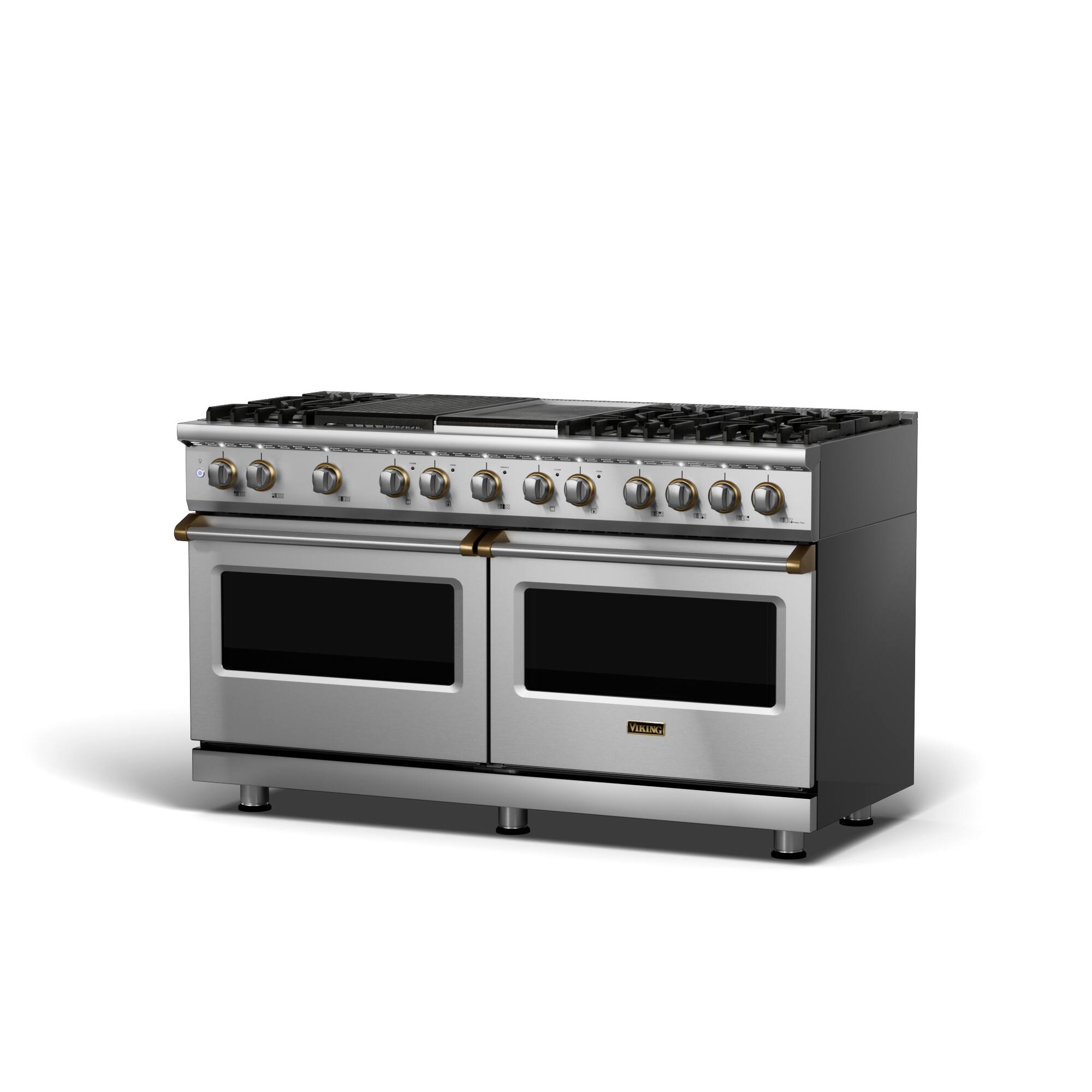 Angle. Viking - 5-Series Dual Fuel Self-Clean 60"W Sealed Burner Range - Stainless with Brushed Brass Accents.