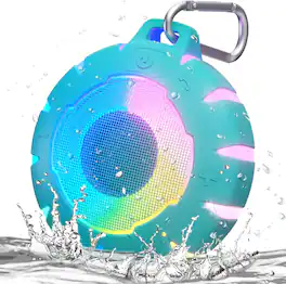 PRIMEPLUS - Portable Shower Bluetooth Speaker - IP67 Waterproof, 12Hr Battery, Stereo Pairing with Carabiner for Pool, Beach - Blue